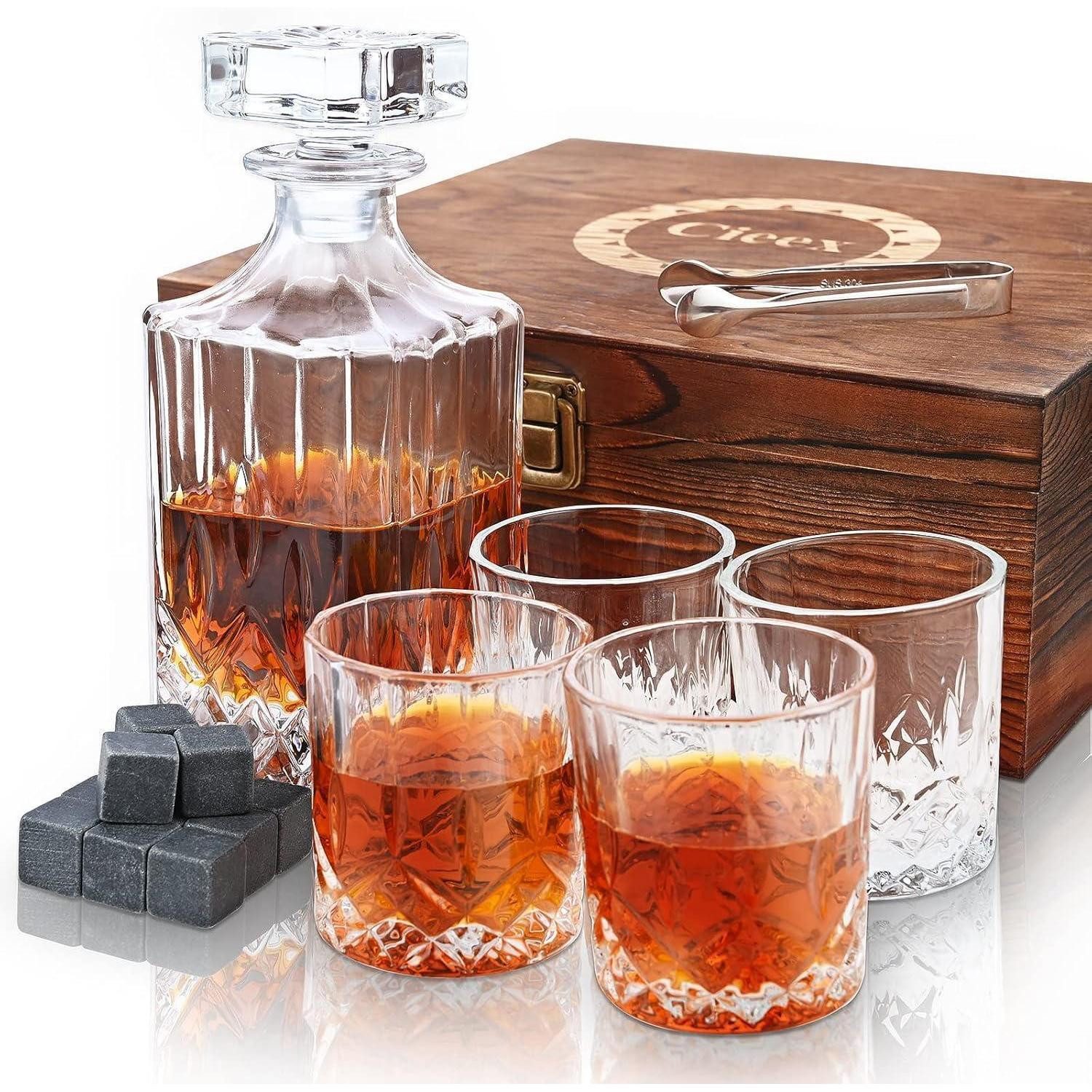 LuxusKollektion Whiskyglas Whiskey Karaffe Set 750ml mit 4 Whiskeygläsern 12 Steine in Holzkiste