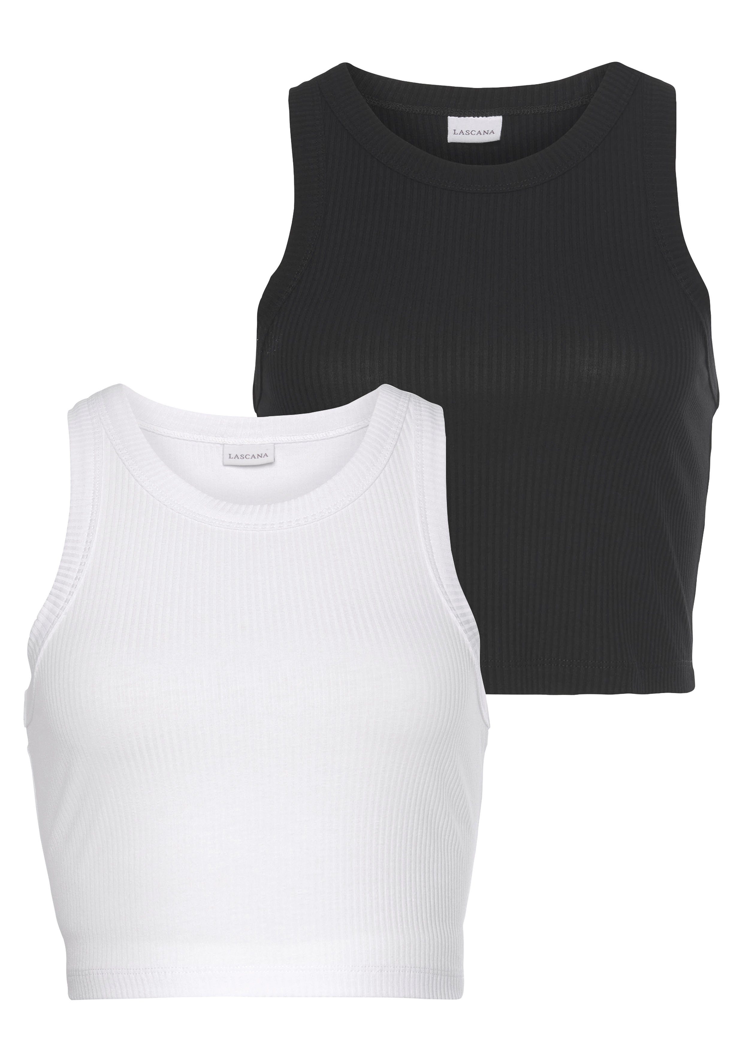 LASCANA Crop-Top (2er-Pack) aus weicher Rippware weiß + schwarz