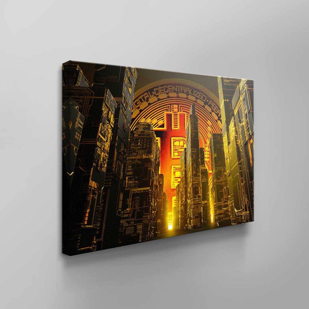 Wolkenkratzer Wandbild DOTCOMCANVAS® rot gold Rahmen Leinwandbild Bitcoin Matrix, Krypto schwarz Matri ohne Bitcoin Bitcoin
