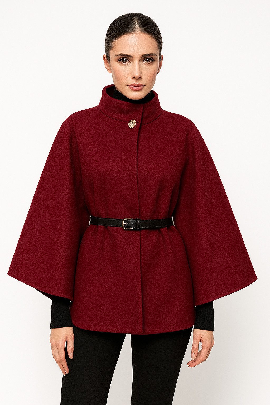 Poncho Worldclassca Poncho Crop Jacke Elegant Umhang Rollkragen mit Gürtel