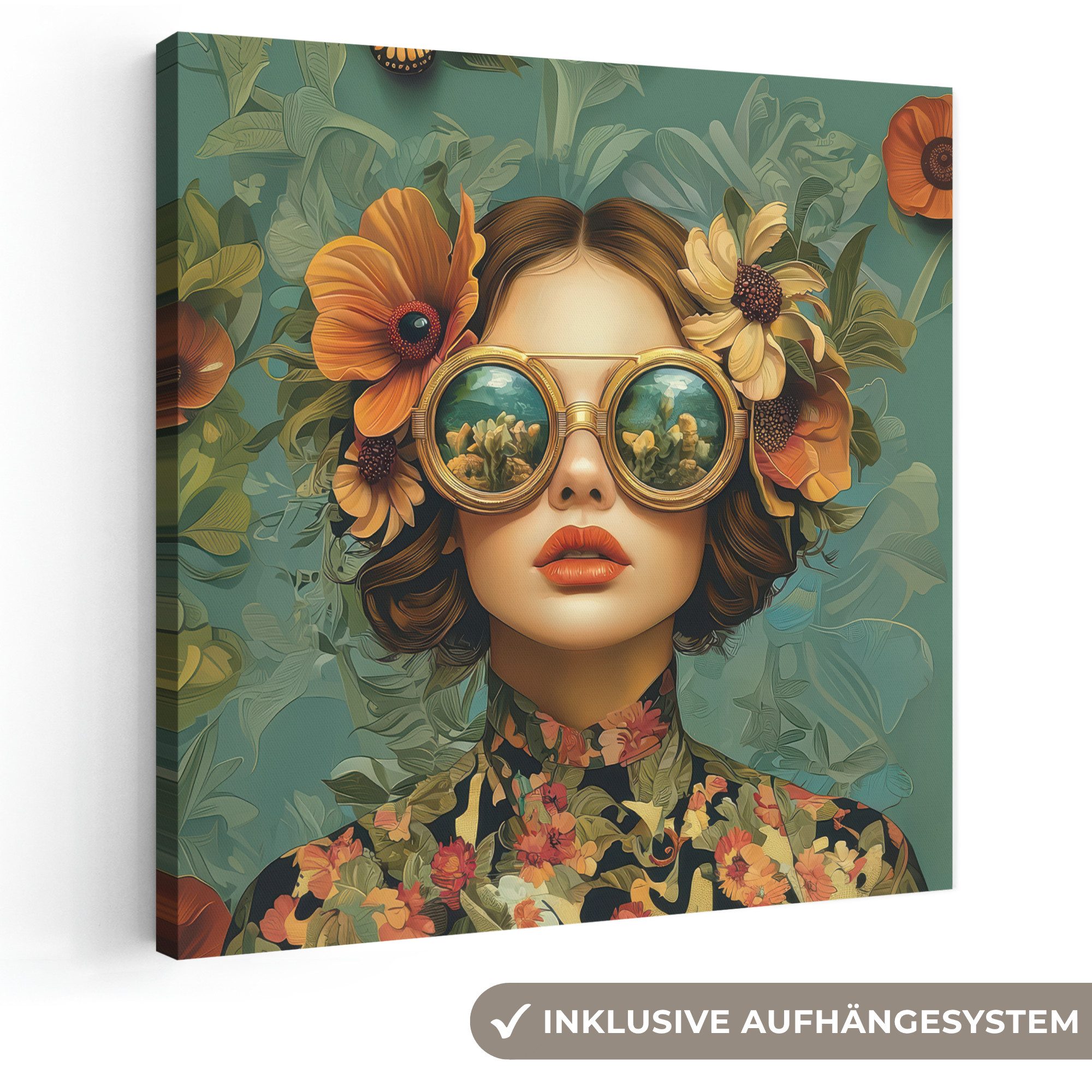 OneMillionCanvasses® Leinwandbild Frau - Blumen - Schmetterlinge - Natur - Vintage, Fotodruck (1 St), Wandbild, Deko Schlafzimmer Wohnzimmer Flur 20x20 cm
