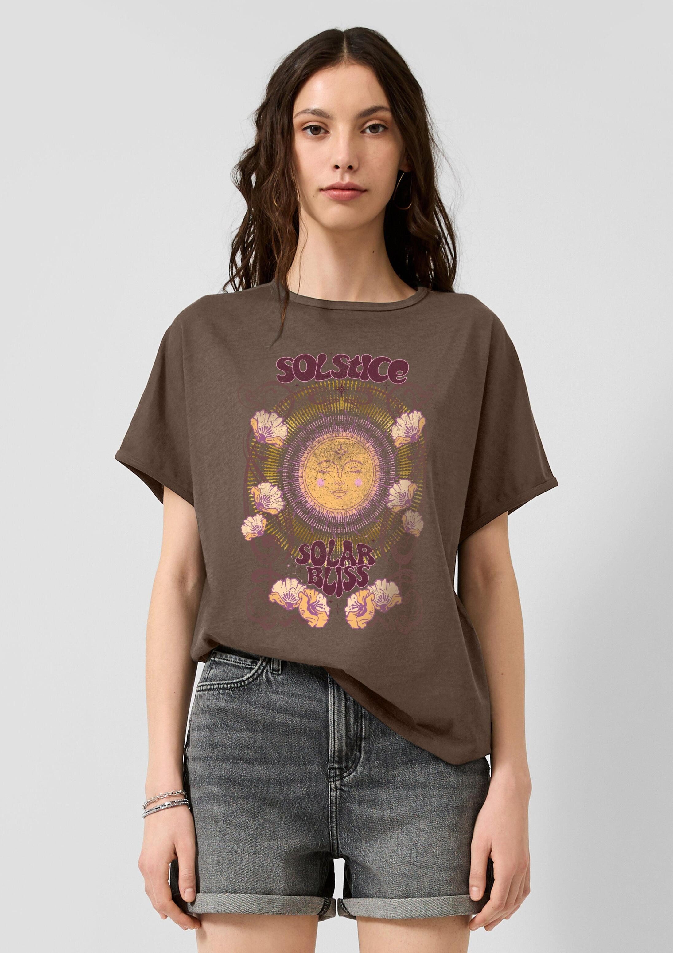 QS Kurzarmshirt T-Shirt Gewaschenes Print-Shirt mit überschnittener Schulter