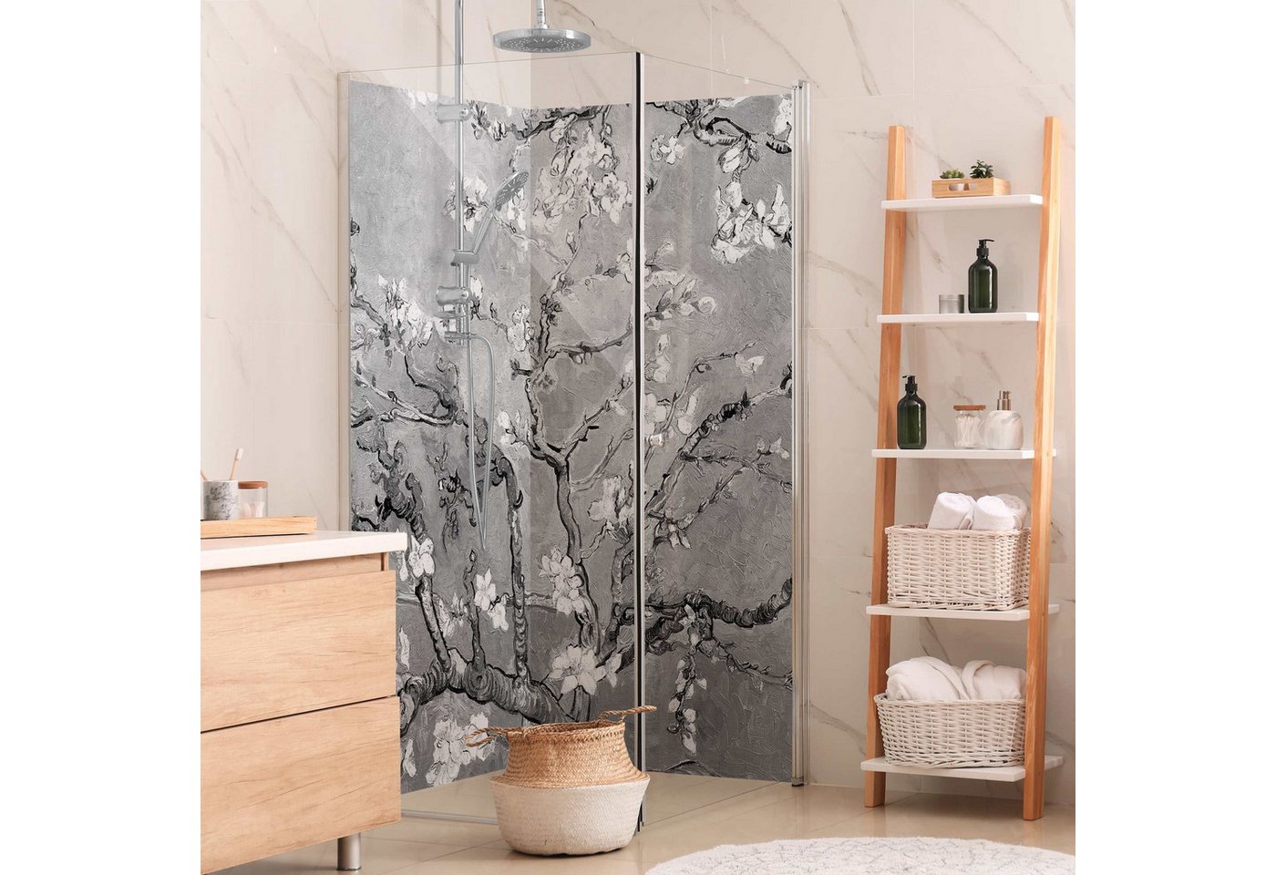Thumbnail - Bilderdepot24 Duschrückwand Fliesen Motiv grau Badrückwand ohne Bohren Dusche Kunst, (2-tlg., 0,61 mm starke Folie selbs...