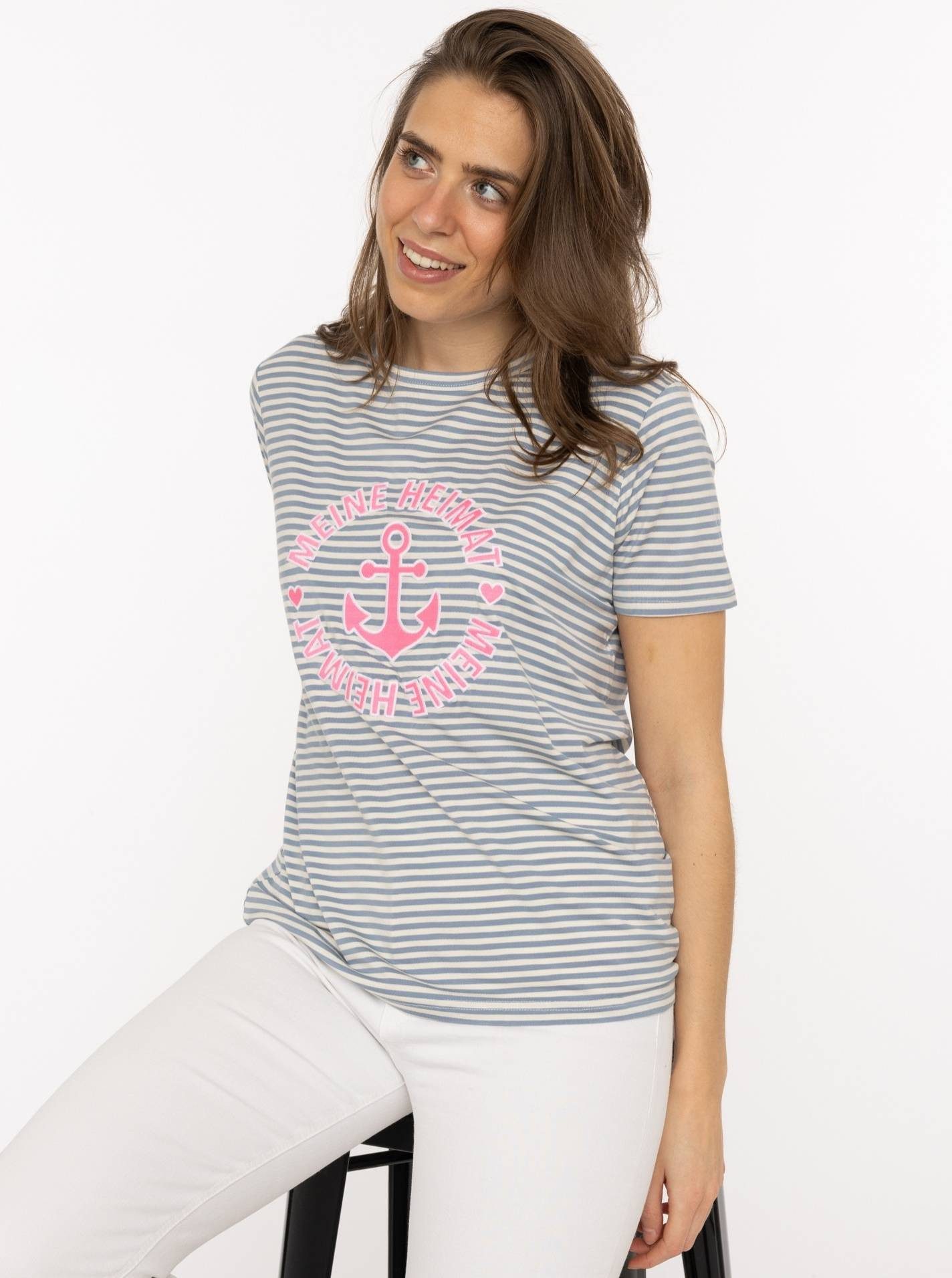 Zwillingsherz T-Shirt "Heimat Anker" gestreift, rundes Motiv mit Anker, Rundhals