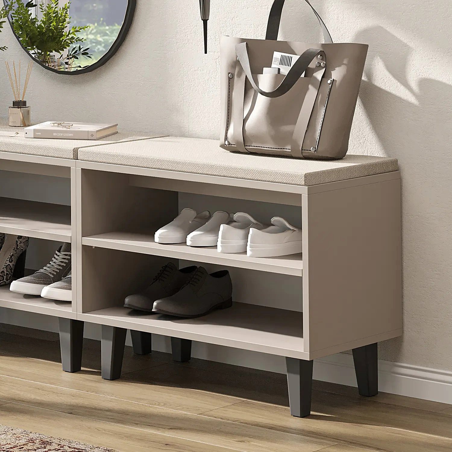 Roomart Schuhbank NORD, offene Sitzbank mit 2 Schuhfächern & Sitzkissen, 73,6 cm, Sitzbank & Schuhregal in einem: 2 offene Schuhfächer, Sitzkissen inkl.