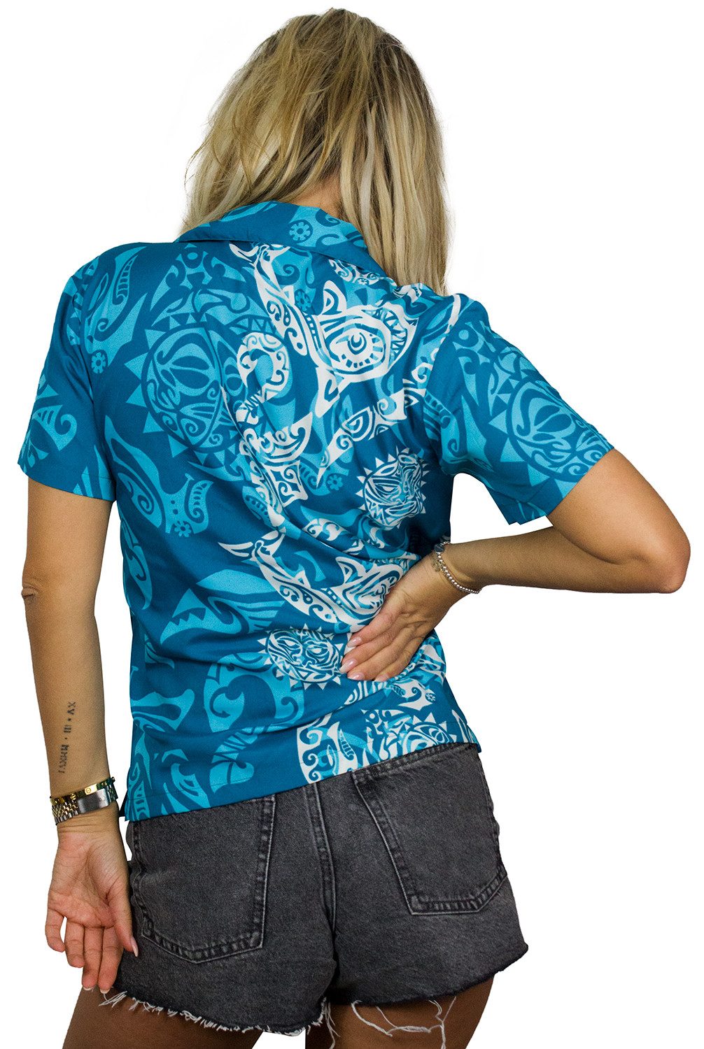 King Kameha Hawaiihemd Maori Wedding Funky Hawaiibluse Damen Kurzarm Front-Tasche Stylish