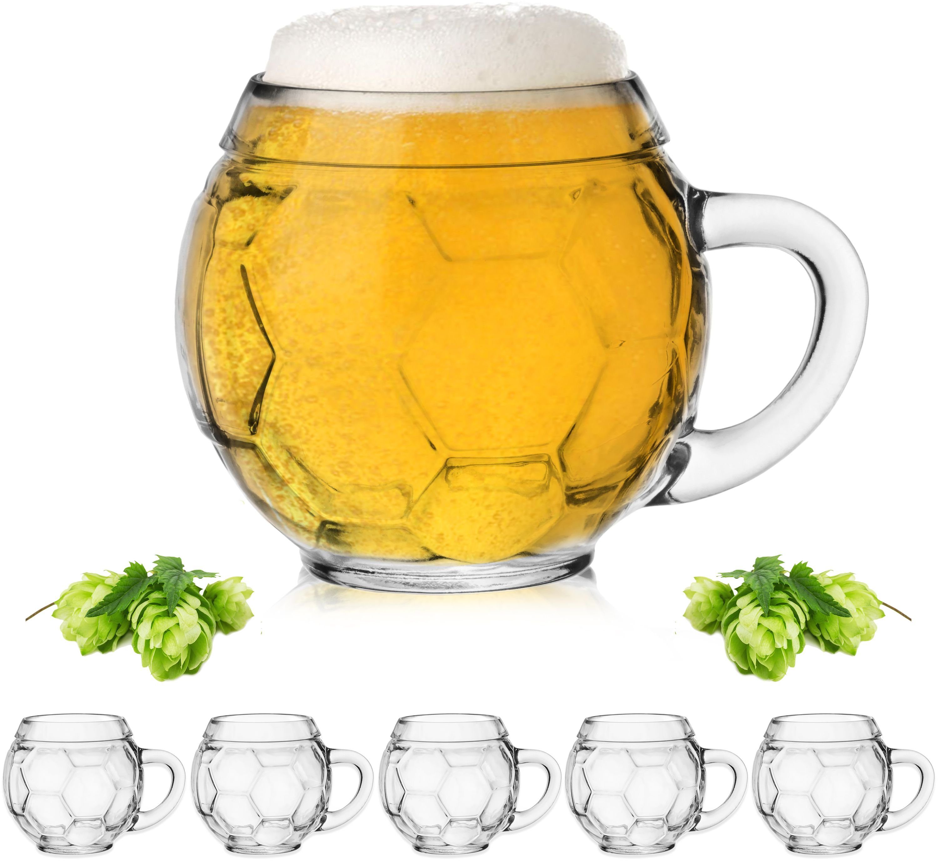 PLATINUX Bierglas Fußballglas mit Henkel, Glas, Bierglas 350ml (max.420ml)  Biergläser Bierkrug Fußball-Design-Glas