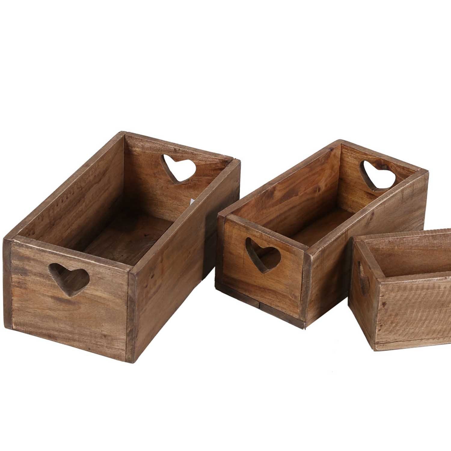 Casa Moro Aufbewahrungsbox Retro Holzbox 3er Set LUCIA alte Ziegelform mit Herz Griffen (Blumenkiste, Holz Kasten, Aufbewahrung & Deko), aus Massivholz gefertigt NUA028
