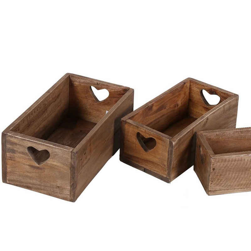 Casa Moro Aufbewahrungsbox Retro Teak Holzbox 3er Set LUCIA alte Ziegelform mit Herz Griffen (Blumenkiste, Holz Kasten, Aufbewahrung & Deko), aus recyceltem Teak Holz gefertigt