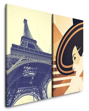 Sinus Art Leinwandbild 2 Bilder je 60x90cm Paris Eiffelturm PopArt Romanze junge Frau Chic elegante Dame
