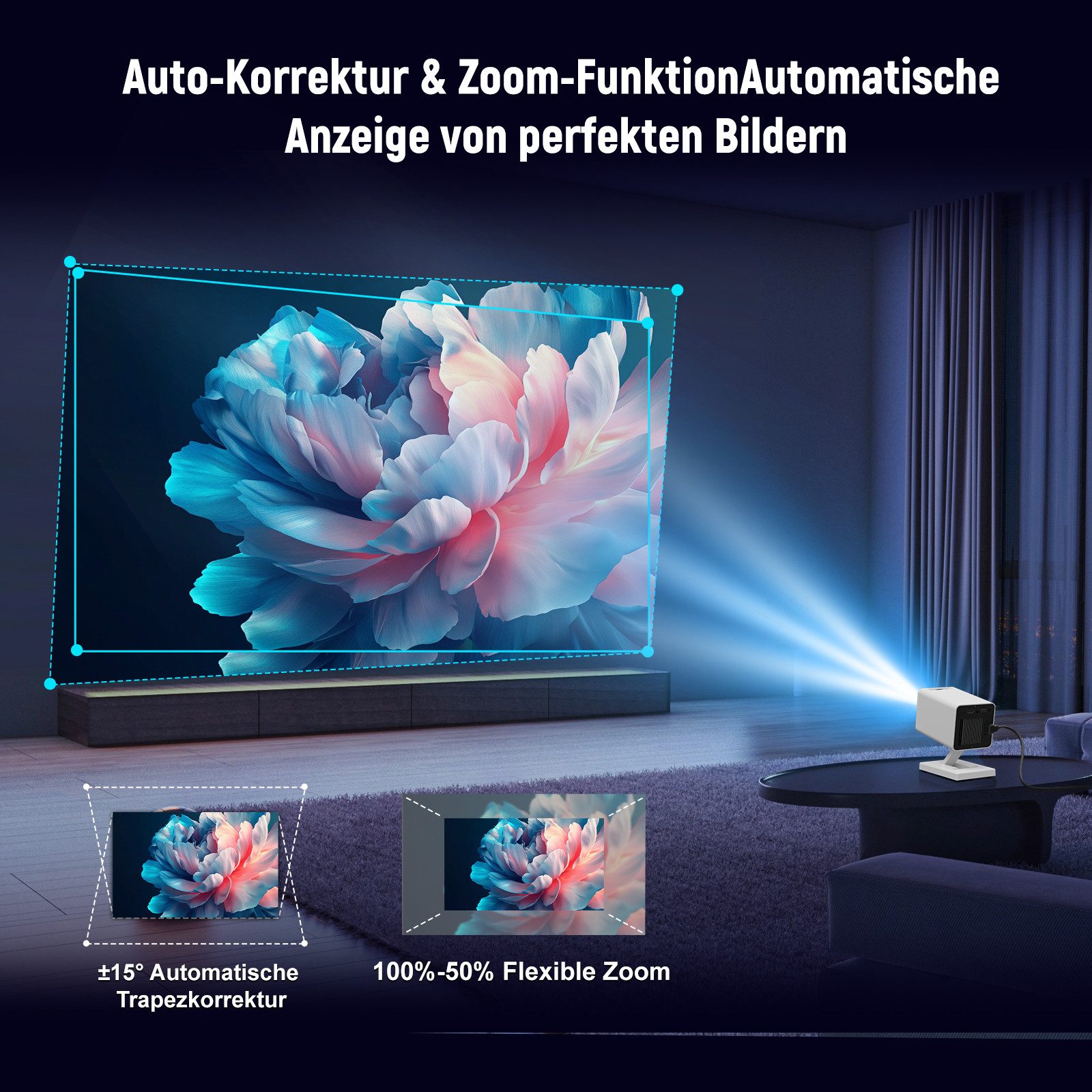 BUFO 130'' Beamer 4K für Telefon/PC/HDMI USB, BT 5 Auto Trapezkorrektur Portabler Projektor (150 lm, 1500:1, 1280 x 720 px, Android 11 Mini-Beamer 4K 1080p unte – Bild 5 von 5