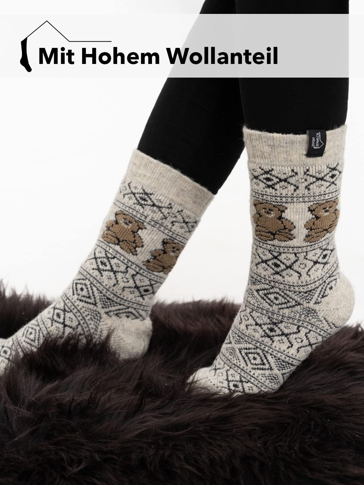 HomeOfSocks Socken 80% Wollsocken mit Teddy Motiv Norweger Design Teddy Motiv auf Norweger Socke mit skandinavischem Design