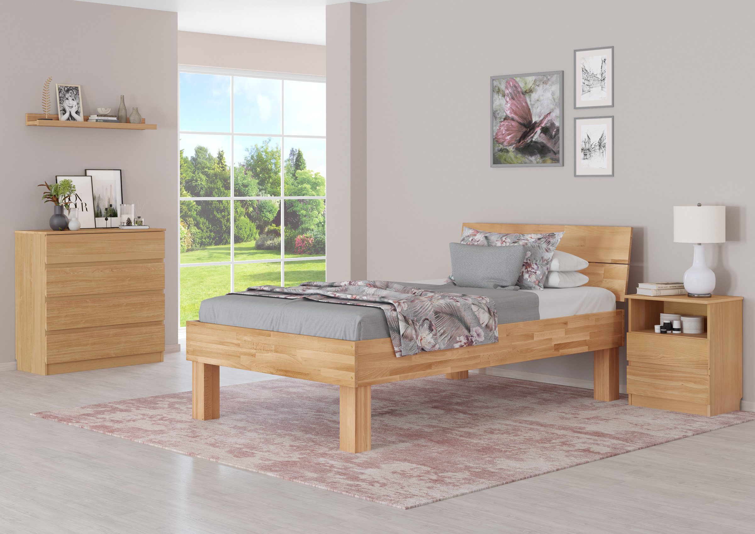 ERST-HOLZ Bettgestell Hohes Seniorenbett 120 x 220 cm Einzelbett in Überlänge Buche Massiv, Buche farblos lackiert
