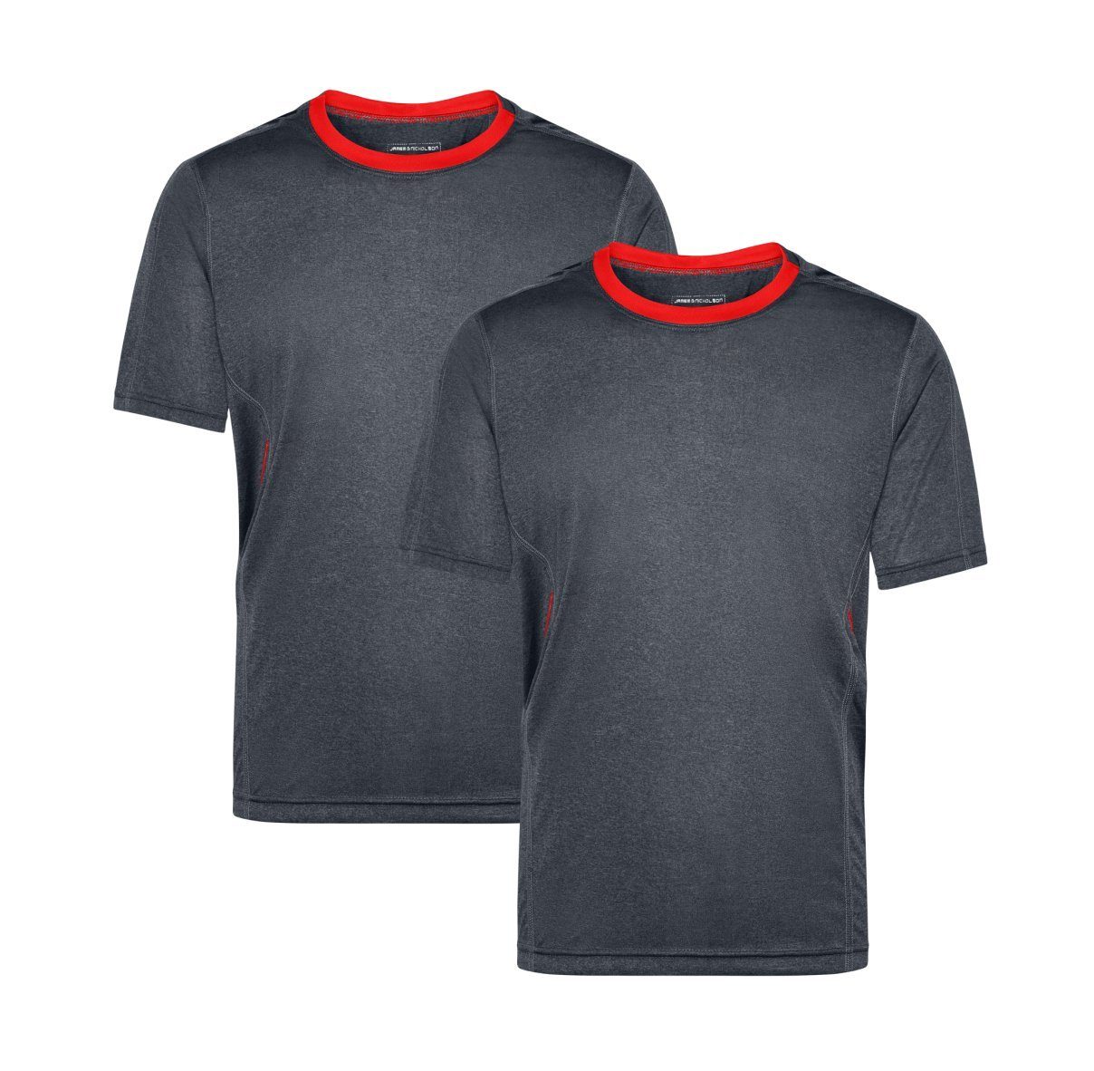 James & Nicholson Laufshirt Doppelpack Herren Kurzarm Laufshirt Running T-Shirt JN472 (Doppelpack, 2er-Pack) Atmungsaktiv und Feuchtigkeitsregulierend black-melange/tomato