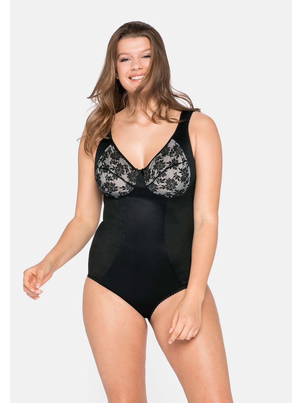 floraler Shape-Effekt, Cups Sheego Body Größen schwarz-offwhite Große mit Spitze aus