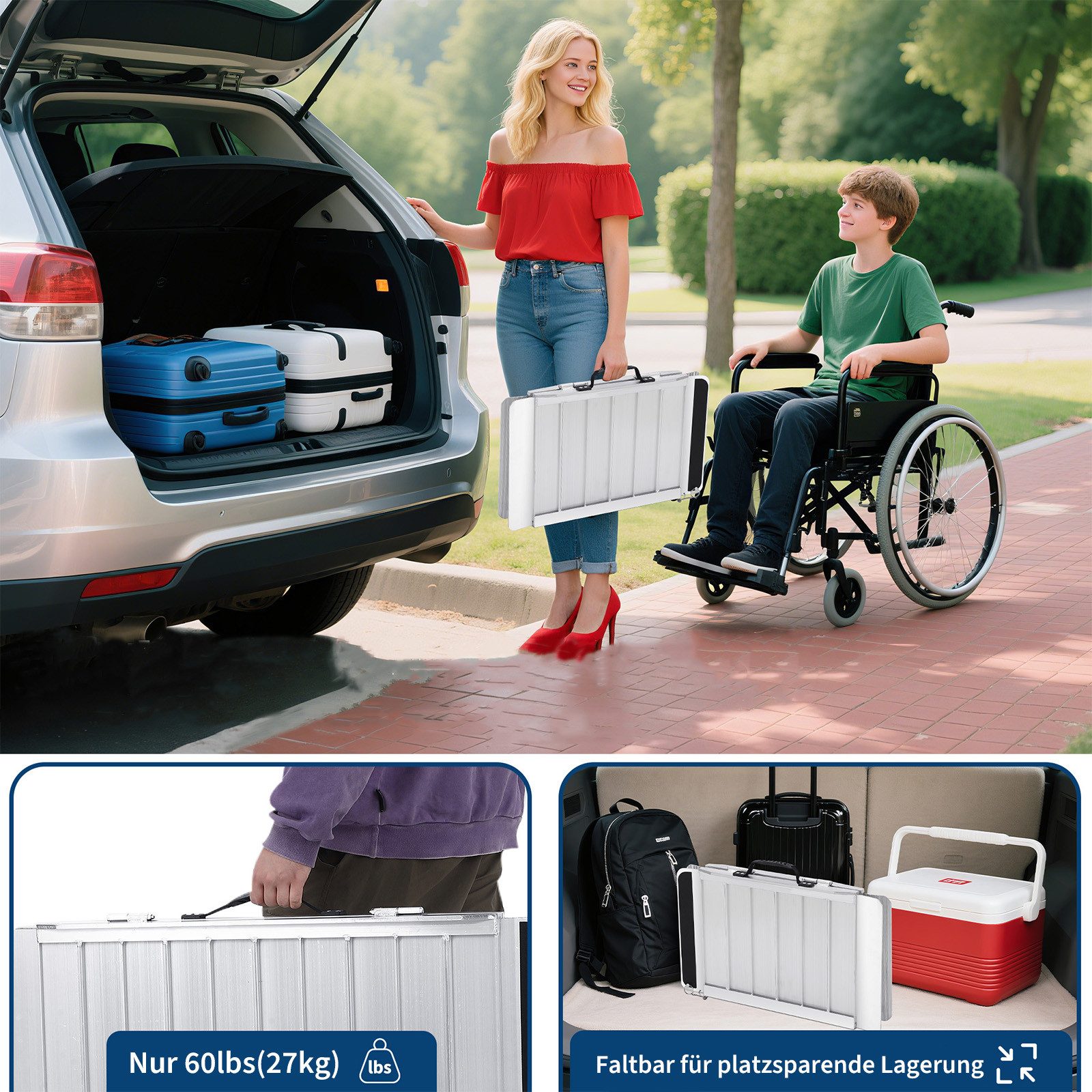 GarveeMore Auffahrrampe Faltbare Rollstuhlrampe aus Aluminium, 2-fach klappbar, inkl. Handschuhen, für Türschwellen, Stufen, Auto und SUV – Bild 3 von 5