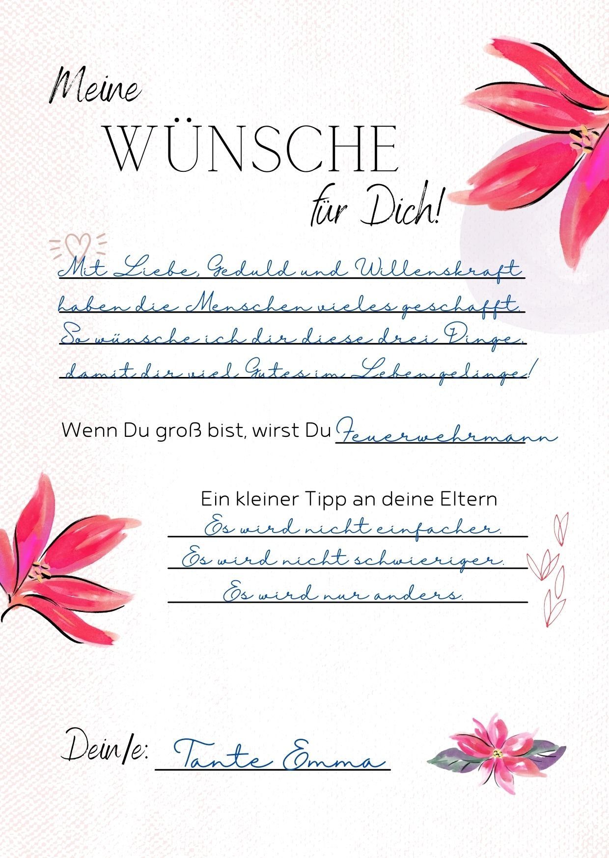 EMI & SAM Spiel EMI&SAM Babyparty Wunschkarten Karten Junge & Mädchen Wünsche Baby Shower 20 St, Blumen Rosa