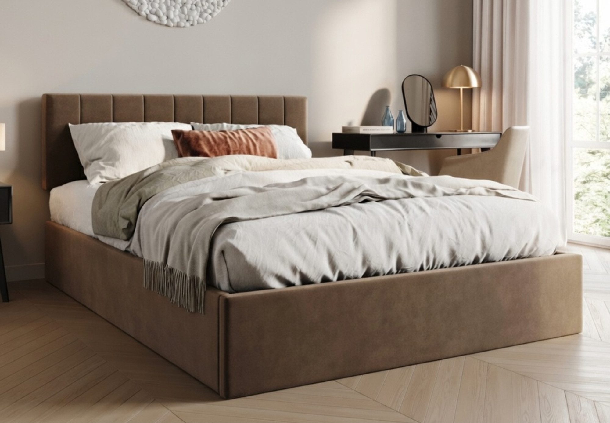 Home Collective Polsterbett mit Stauraum und Lattenrost Doppelbett Gepolstertes Bett (Verfügbare Größen: 140x200 und 160x200 cm), hydraulischer Bettkasten Kopfteil verstellbar samt Bronze-Beige