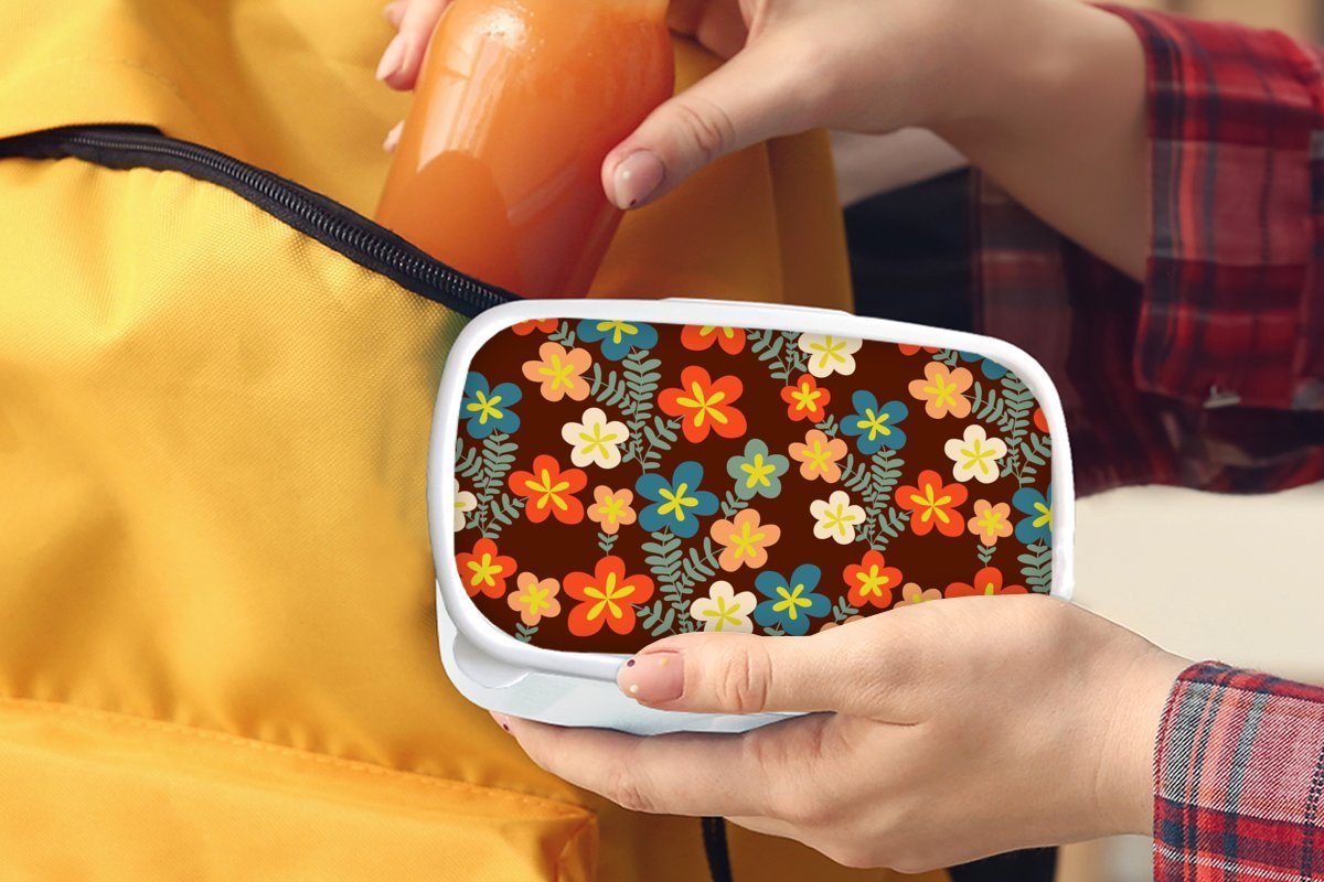 Retro Brotdose, (2-tlg), weiß Jungs Brotbox für Mädchen Erwachsene, Muster und - 1970er und - Kunststoff, - für Kinder Blumen Lunchbox Jahre, MuchoWow