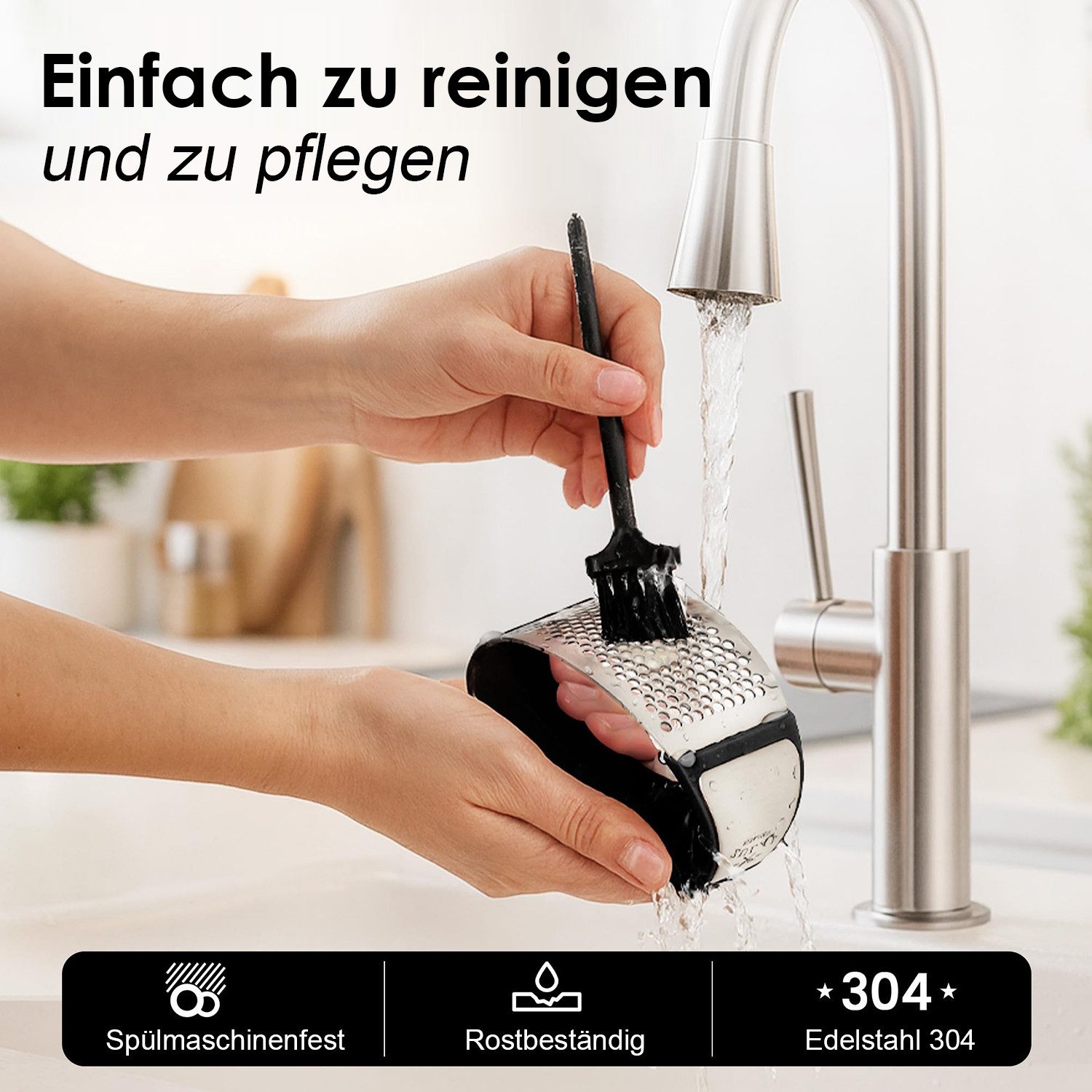 MOPUEA Knoblauchpresse Edelstahl Knoblauchpresse mit Schäler Set Rostfrei (1 St), Nimmt Haare und Fussel schnell und zuverlässig auf. – Bild 5 von 5