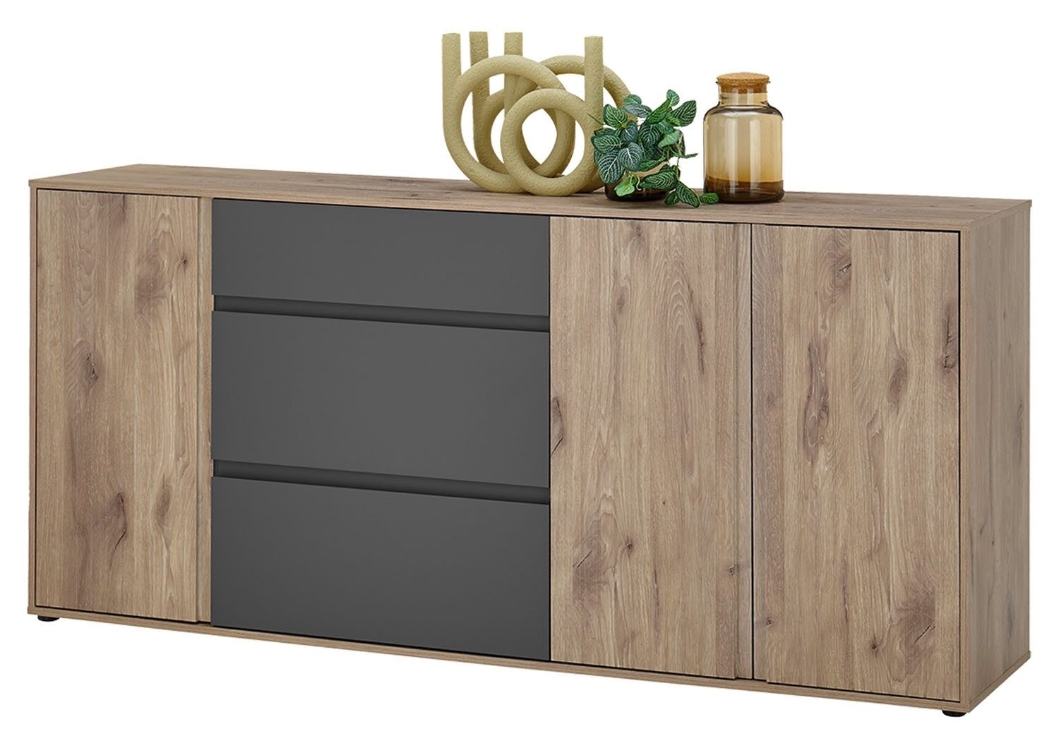 Bega Consult Sideboard NOVARA, Viking Eiche Dekor, Grau Matt, 3 Türen, 3 Schubladen mit Soft-Close-Funktion, B 186 x H 85 x T 42 cm