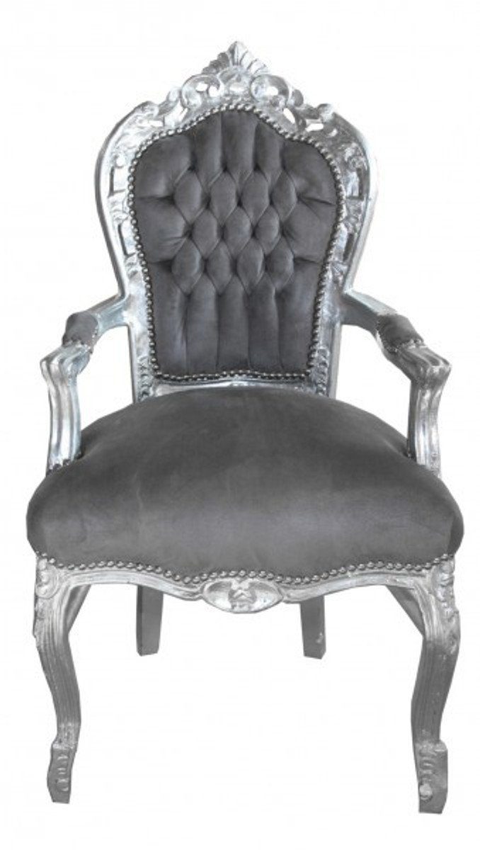 Casa Padrino Esszimmerstuhl Barock Esszimmer Stuhl mit Armlehnen Grau / Silber - Möbel Antik Stil