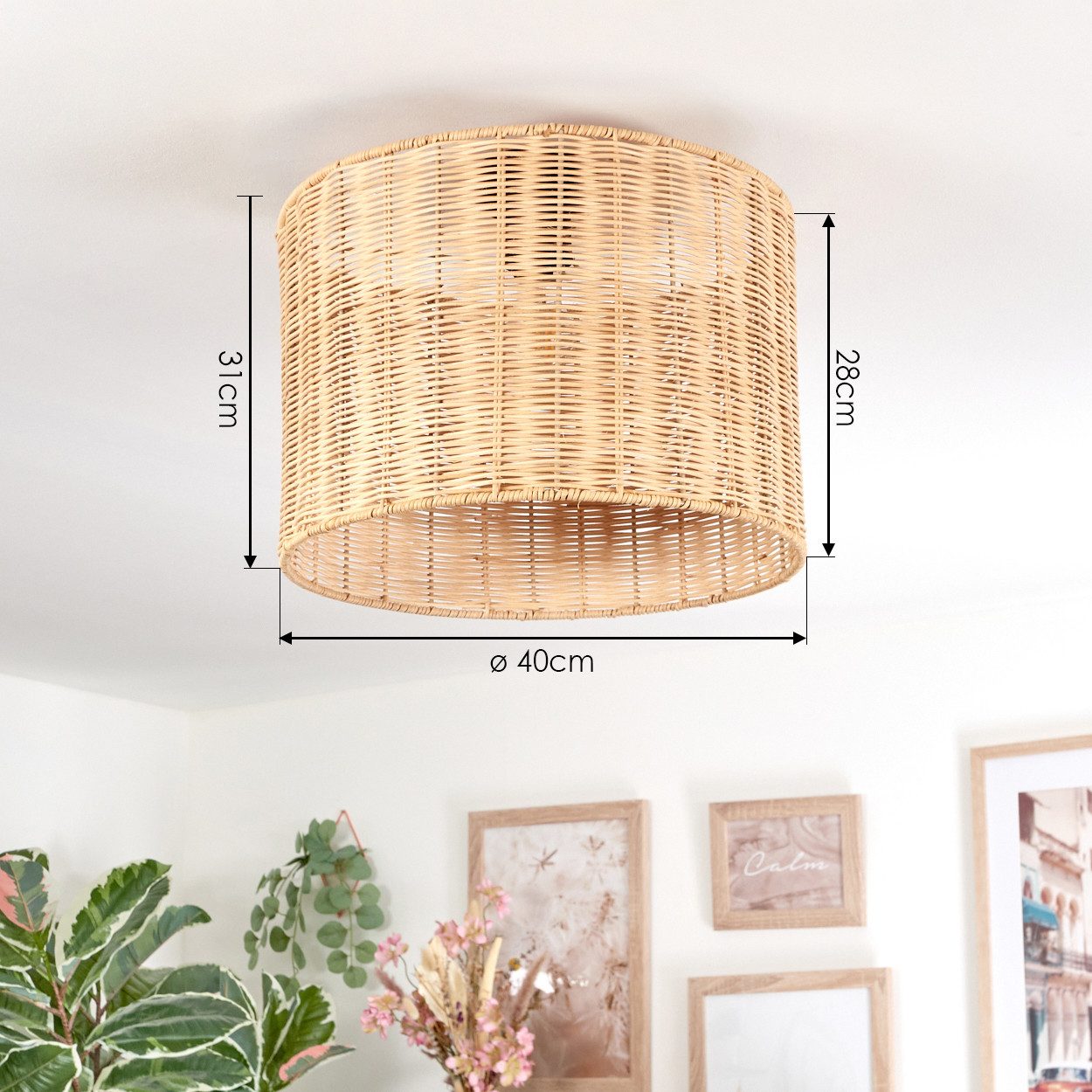 hofstein Deckenleuchte Deckenlampe aus Metall/Rattan in Schwarz/Naturfarben, Deckenleuchte im modernen Boho-Design (40 cm), E27 – Bild 4 von 5