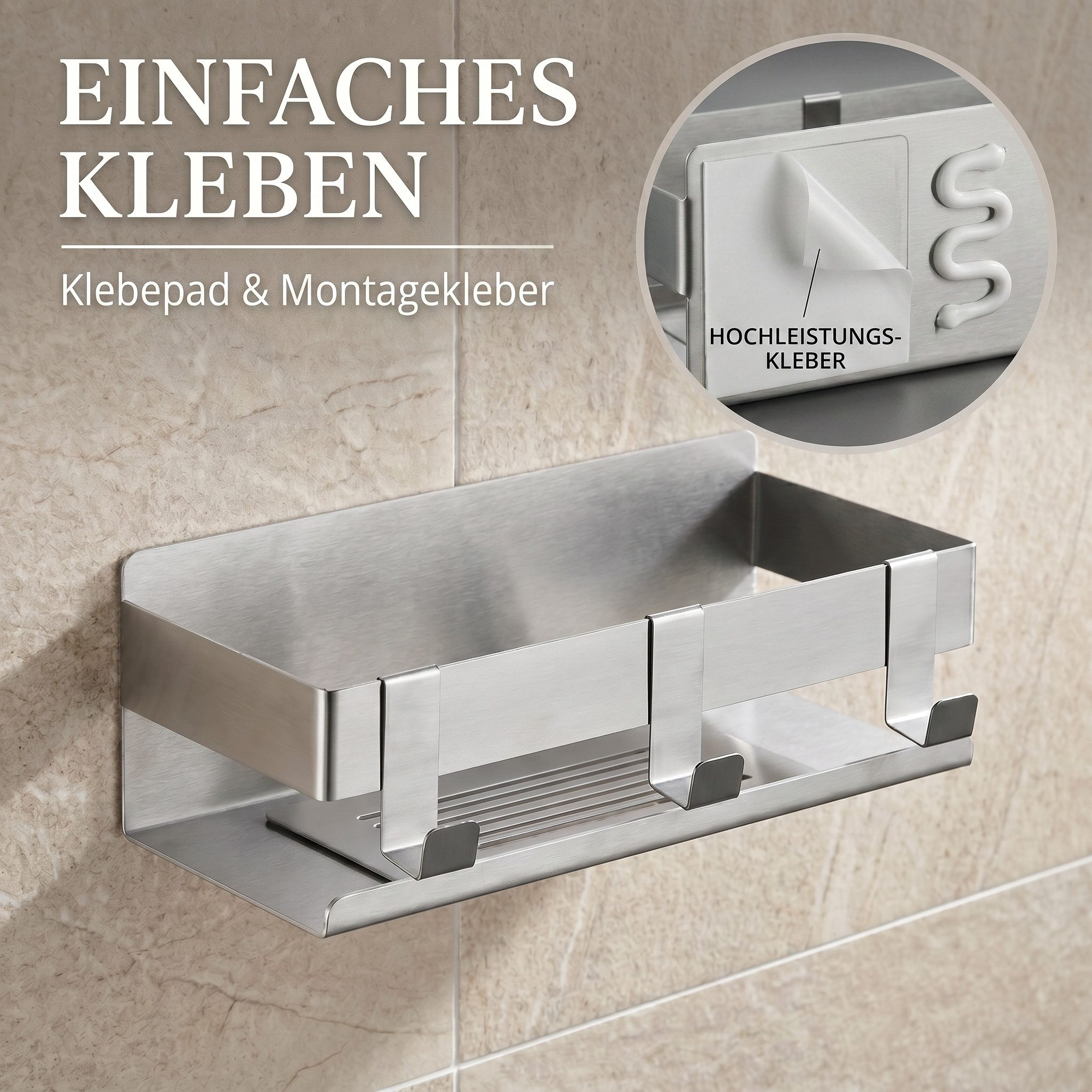 DEKAZIA Duschablage ohne Bohren, Selbstklebender Duschkorb, Duschregal Edelstahl, selbstklebend, 5 Farben erhätlich, inkl. Klebeset & 3 Haken, Badezimmerregal, Bad Regal,Aufbewahrung Bad, Duschzubehör