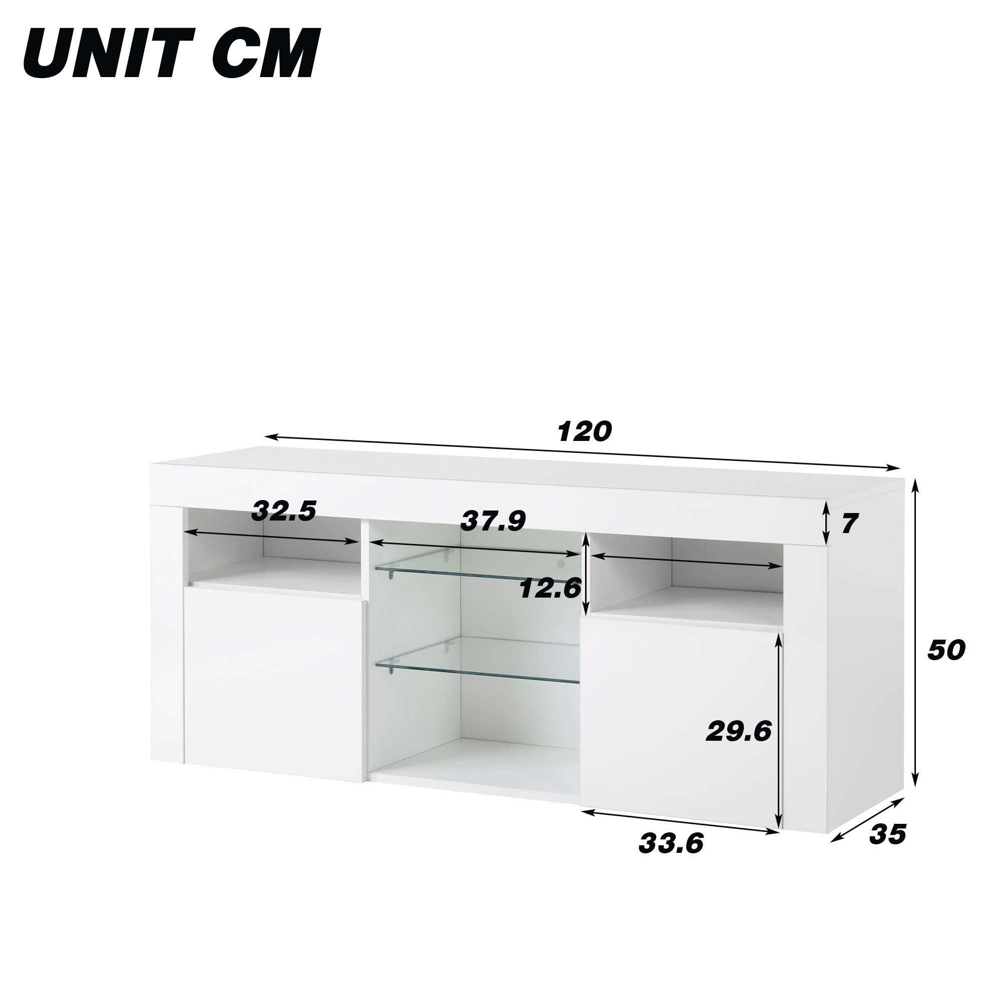 Sideboard (Hochglanz-TV-Schrank SPLOE LED-System, HAUSS Multifunktionale Fernseher, zu Einstellbares 120*35*50cm 55 16-farbige weiß TV-Möbel Aufbewahrung) Zoll Beistellschrank für TV-Schrank LED-Beleuchtung TV-Tisch LED-TV-Schrank bis