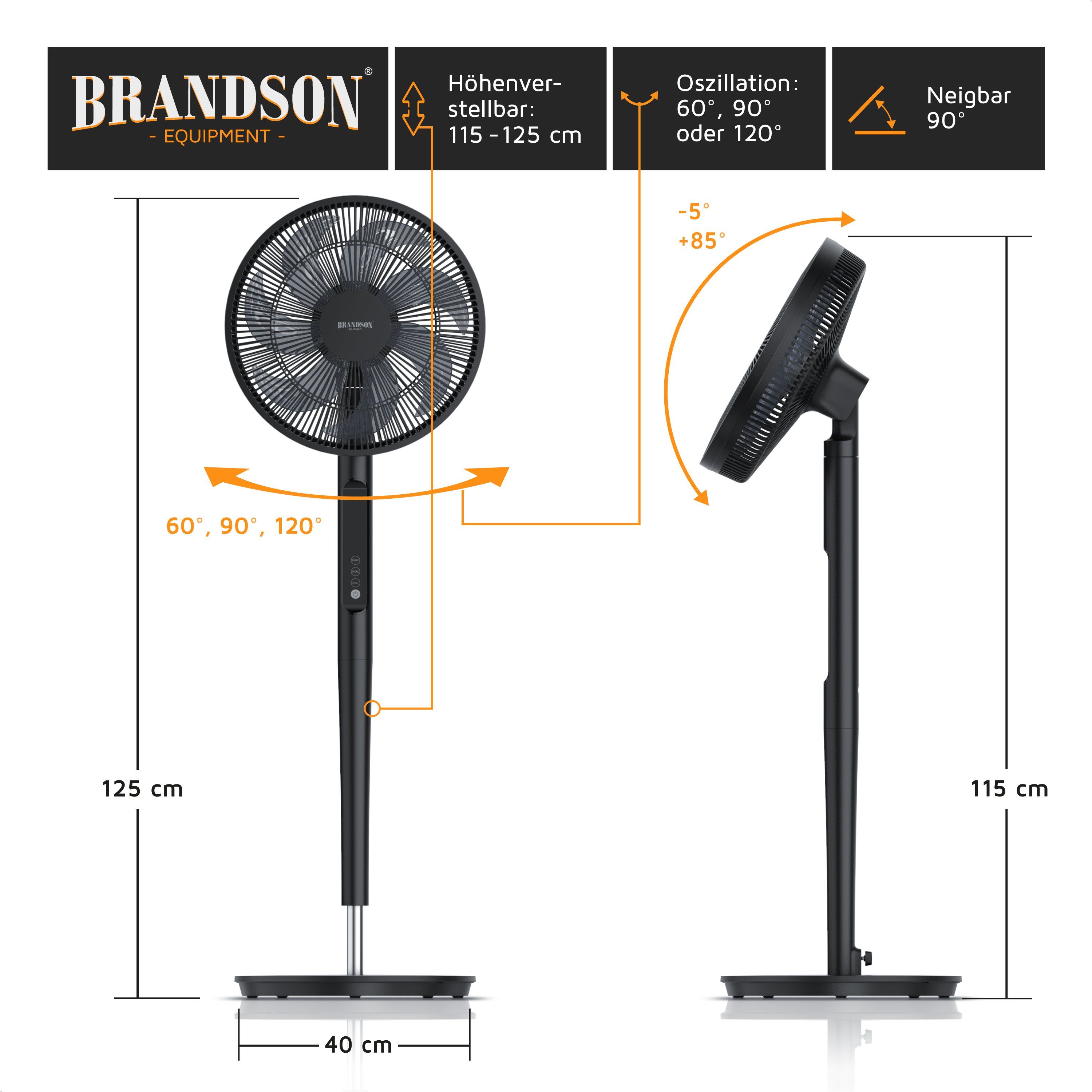 Brandson Standventilator DC, leise, energiesparend, Oszillation, Timer, Fernbedienung, 19 Watt, 40 cm Durchmesser