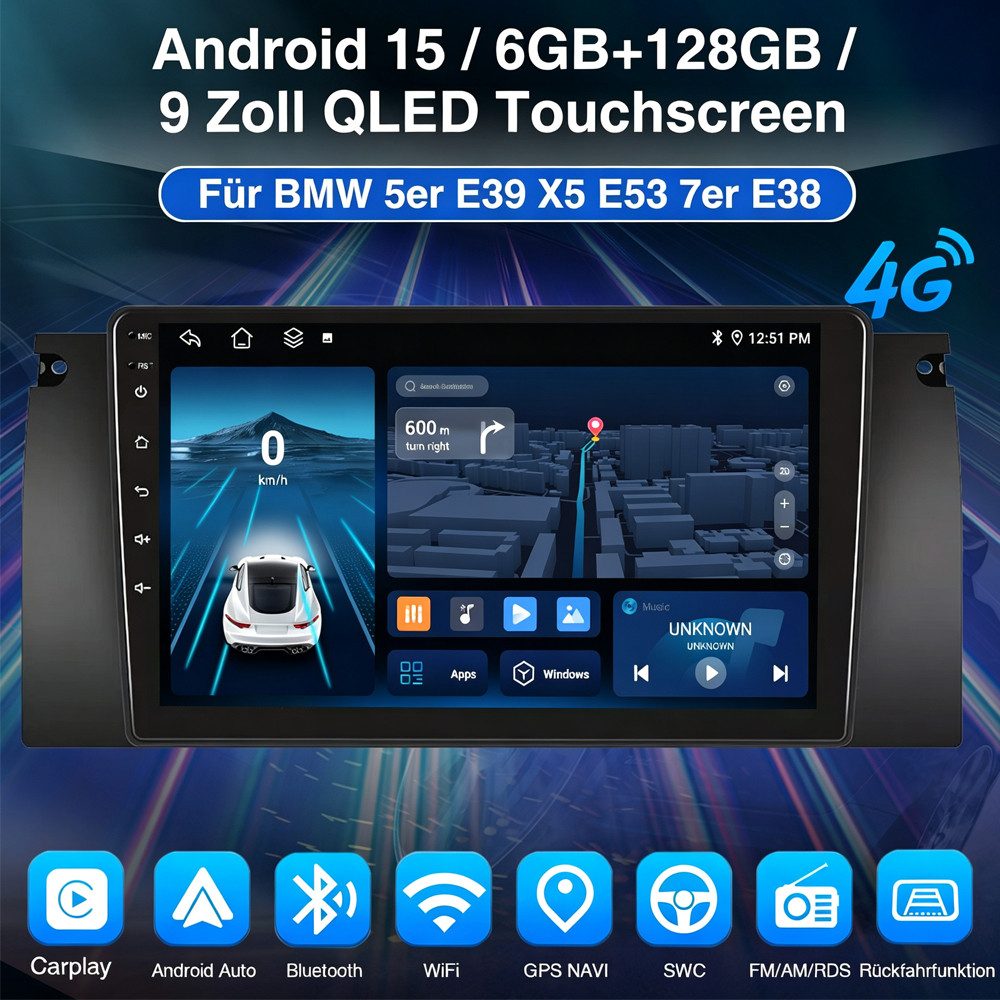 ESSGOO 6+128G DAB+ autoradio 2 DIN Android 15 Für BMW 5er E39 X5 E53 7er E38 Autoradio (RDS, 6GB+128GB, 4G LTE, Digitalradio (DAB), FM, AM, SWC, Carplay Android Auto Bluetooth EQ USB GPS Navi WIFI Touchscreen)
