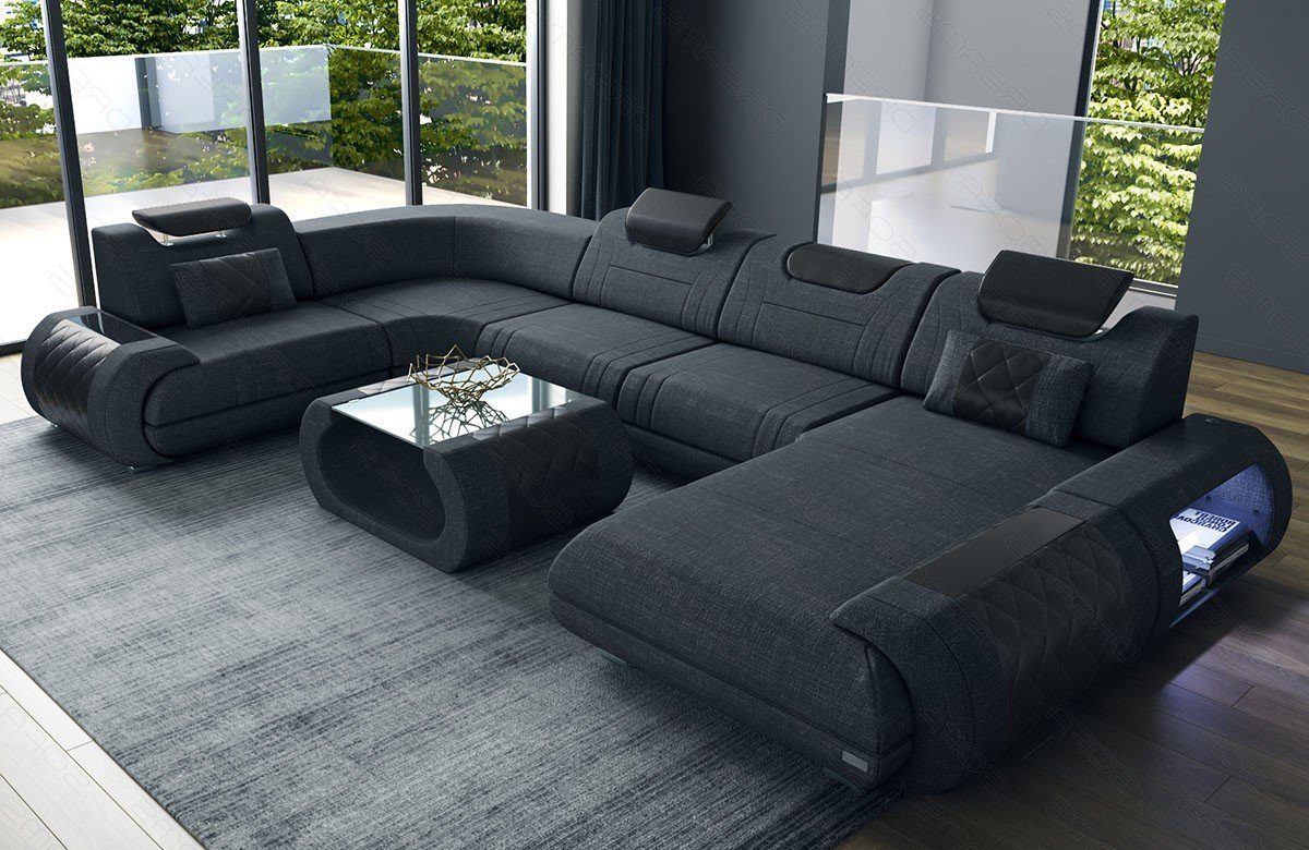 Sofa Dreams Wohnlandschaft Polster Stoff Bettfunktion Sofa mit Strukturstoff schwarz-schwarz Stoffsofa, H Couch U Rimini wahlweise Form