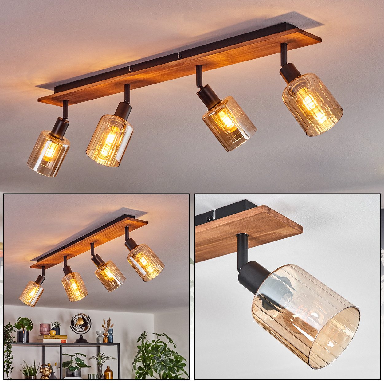 hofstein Deckenleuchte Deckenlampe aus Metall/Holz/Glas in Schwarz/Natur/Be günstig online kaufen