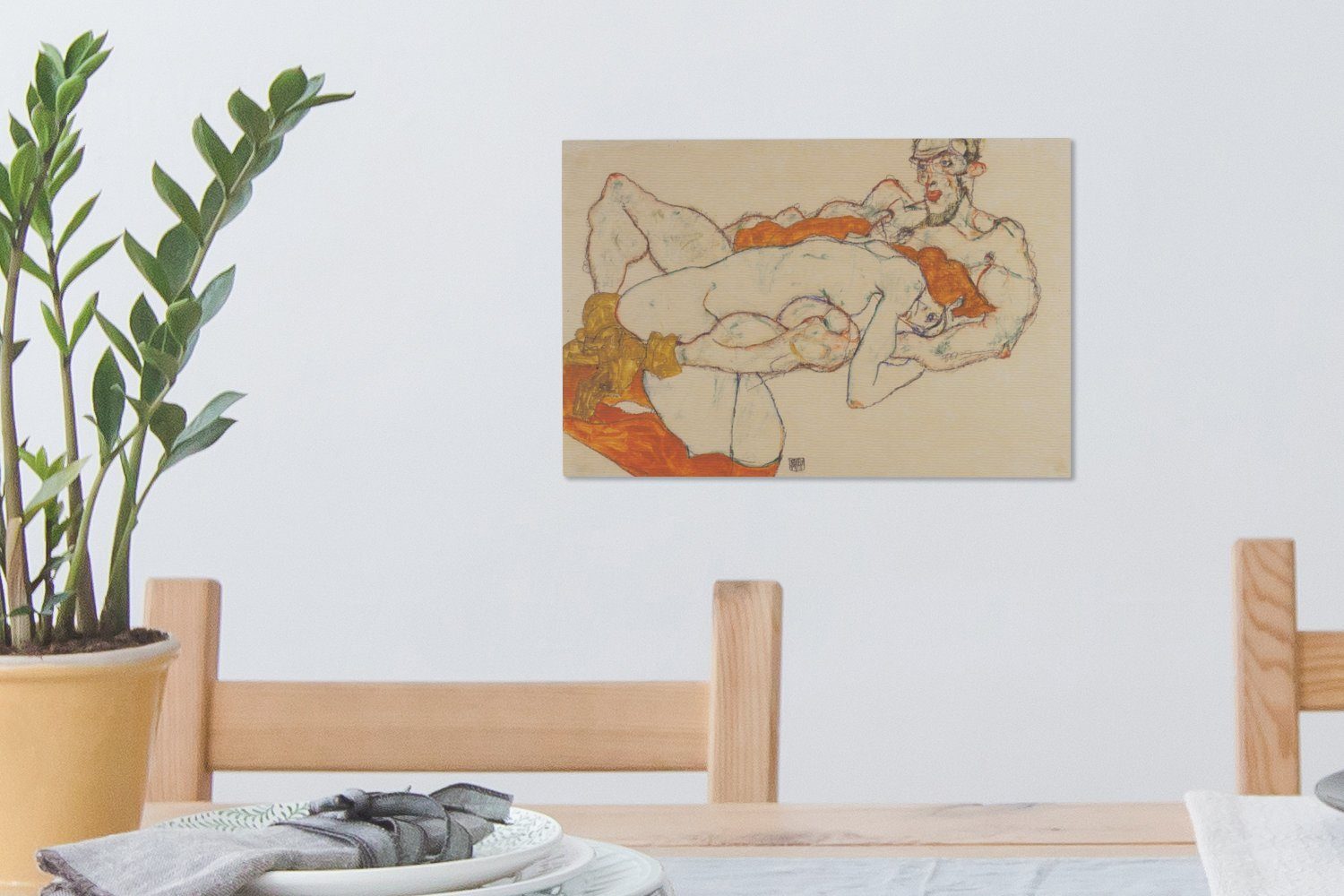 Liebespaar (1 Wanddeko, cm Leinwandbild Aufhängefertig, von Wandbild Schiele, - 30x20 Gemälde Egon St), OneMillionCanvasses® Leinwandbilder,