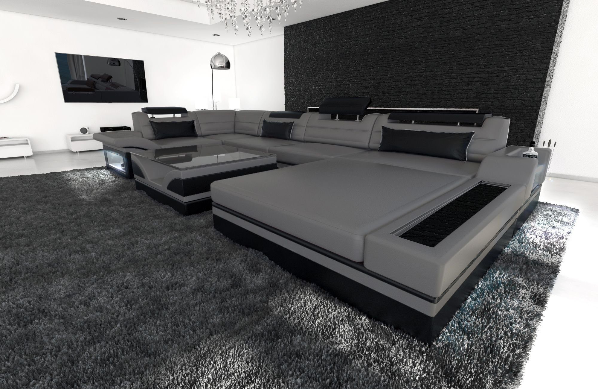 Sofa Dreams Wohnlandschaft Sofa Leder Mezzo U Form Ledersofa, Couch, mit LED, wahlweise mit Bettfunktion als Schlafsofa, Designersofa