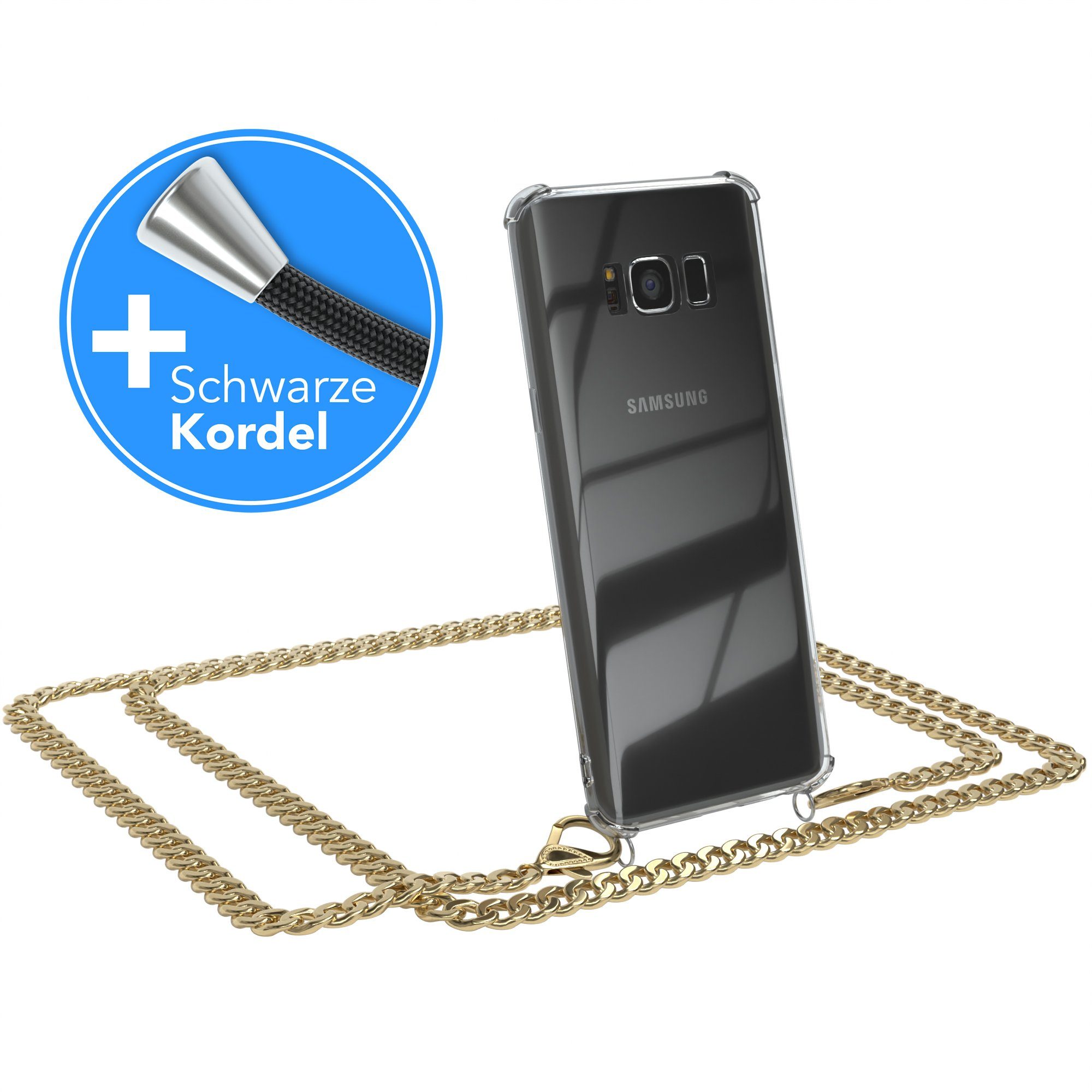 EAZY CASE Handykette 2in1 Metallkette für Samsung Galaxy S8 5,8 Zoll, Hülle mit Band Silikonhülle durchsichtig Necklace Cover Slimcover Gold