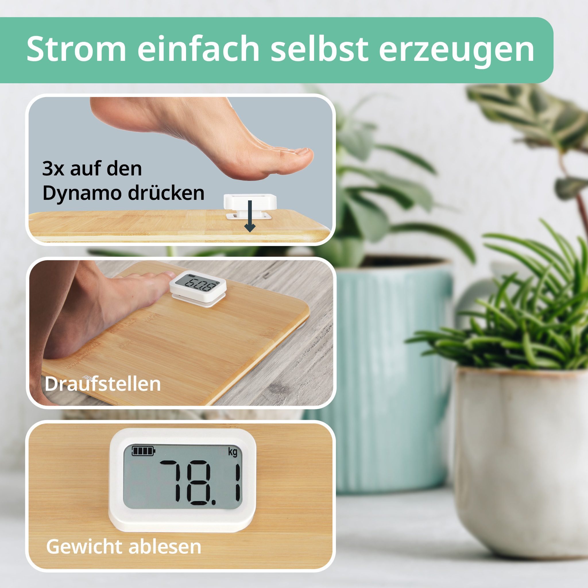 ADE Personenwaage Digitale Körperwaage ohne Batterien mit Dynamo, umweltfreundlicher Dynamoantrieb, Wiegefläche aus Bambus, bis 150 kg