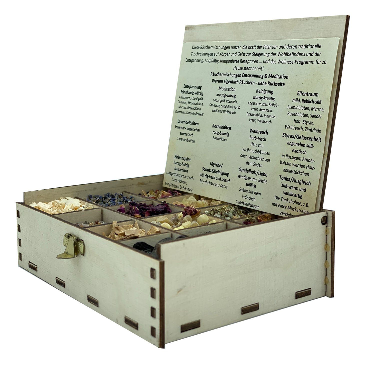 Heilkräuter Manufaktur Räucherstäbchen Räucherbox Geschenkbox mit 12 Sorten Räuchermischungen 14 x 10 x 4 cm
