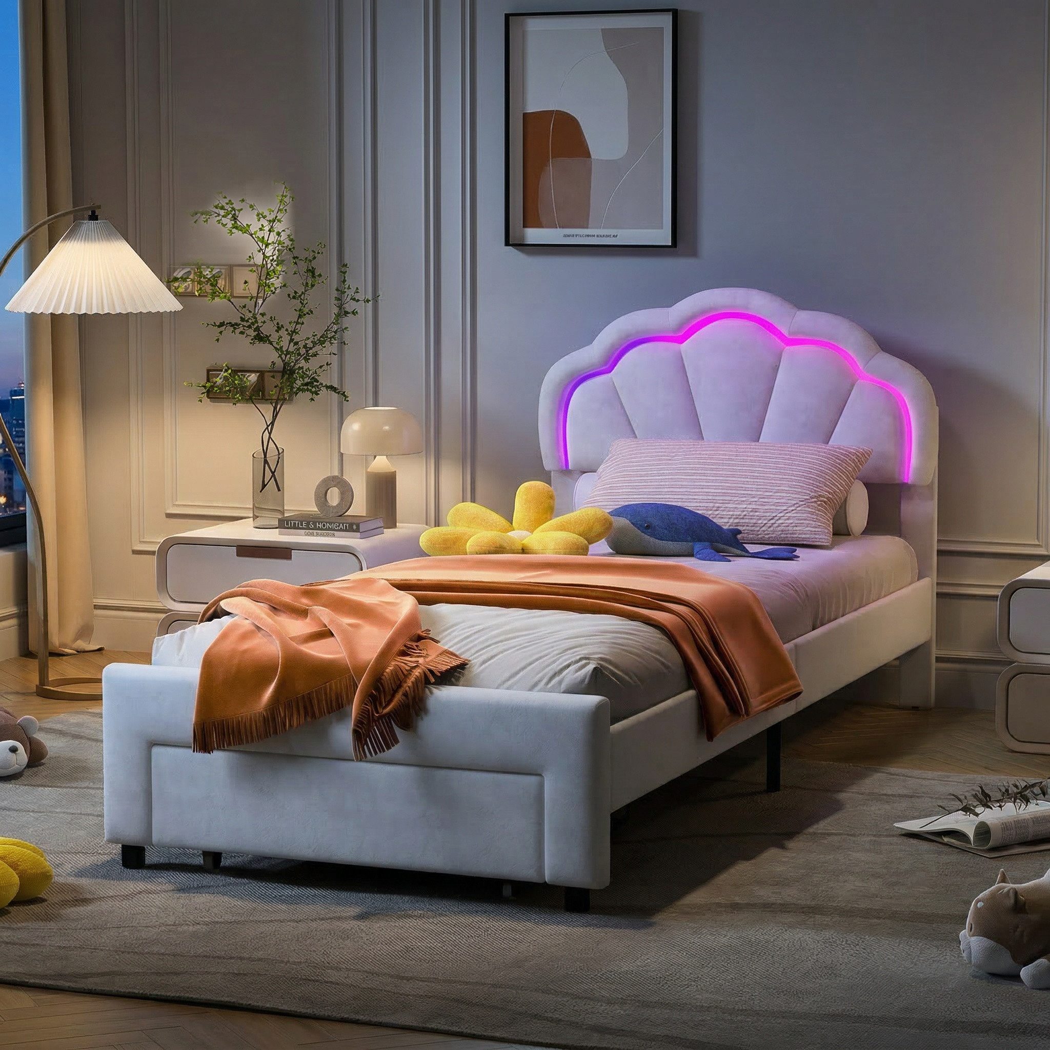 PXloue Polsterbett Kinderbett Jugendbett (Kopfteil hochstellbar), Einzelbett,Cloud-Kopfteil,mit LED-Beleuchtung und Lattenrost,90x200cm – Bild 4 von 5