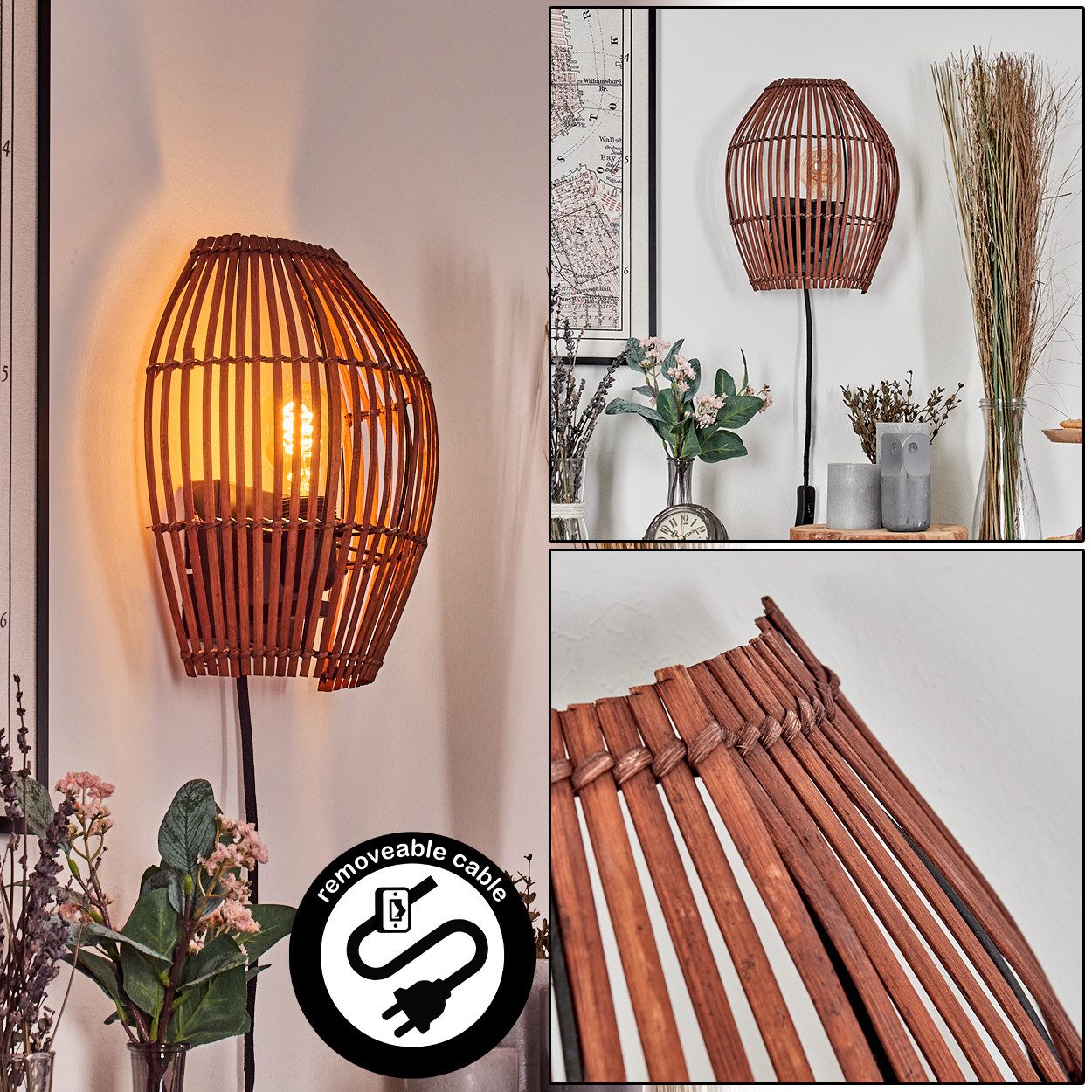 Wandleuchte Wandlampe aus Metall/Bambbus in Schwarz/Dunkelbraun