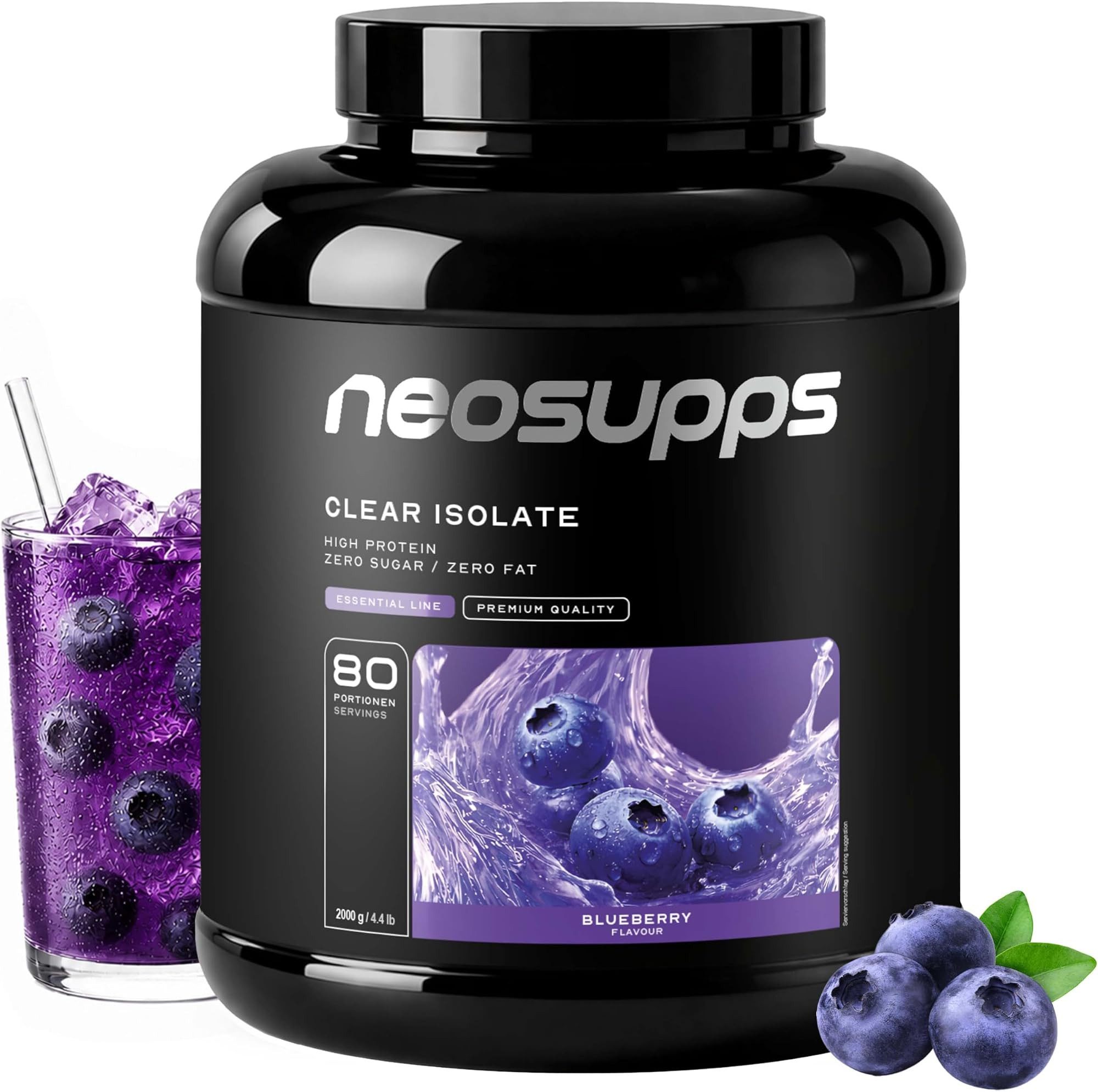 Neosupps Clear Whey Isolat Protein Pulver 2000g, Blueberry Geschmack Pulver, 2000 g, Made in Germany, Hochwertiger Molkenprotein Isolat