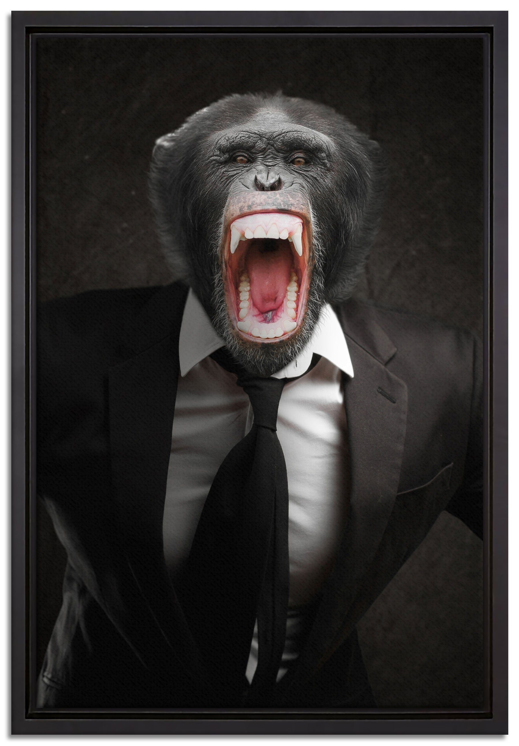 Pixxprint Leinwandbild Wütender Affe im Anzug, Wanddekoration (1 St), Leinwandbild fertig bespannt, in einem Schattenfugen-Bilderrahmen gefasst, inkl. Zackenaufhänger