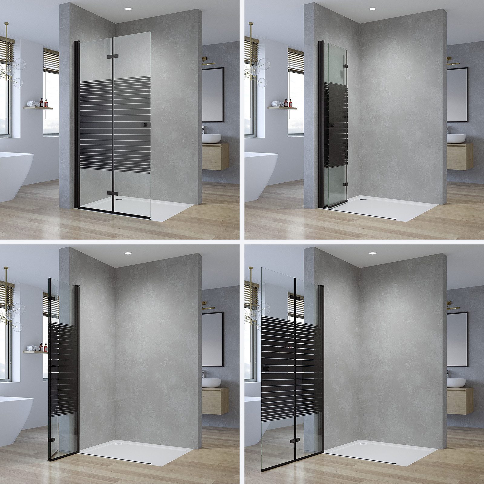 AQUABATOS Duschwand Walk-in-Dusche Glaswand faltbar mit Streifendekor Breite 65-115 cm, Sicherheitsglas, (Packung), 5mm Sicherheitsglas Duschtür schwarzmatt Höhe 187cm Wandausgleich 15mm
