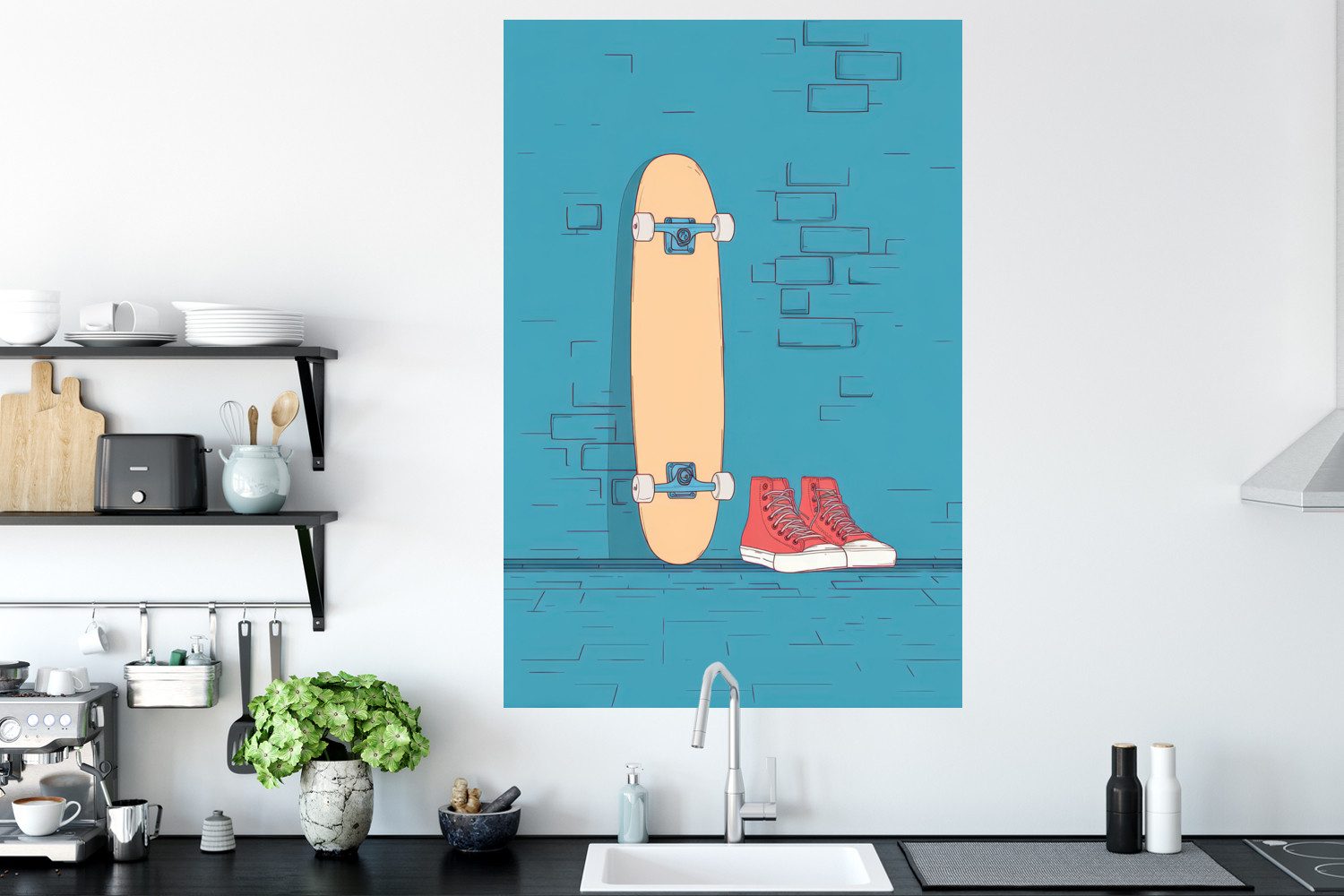 MuchoWow Wandsticker Skateboard - Gymnastikschuhe - Rot - Minimalistisch (1 St), Wanddeko, Aufkleber, Wandtattoo, 80x120 cm