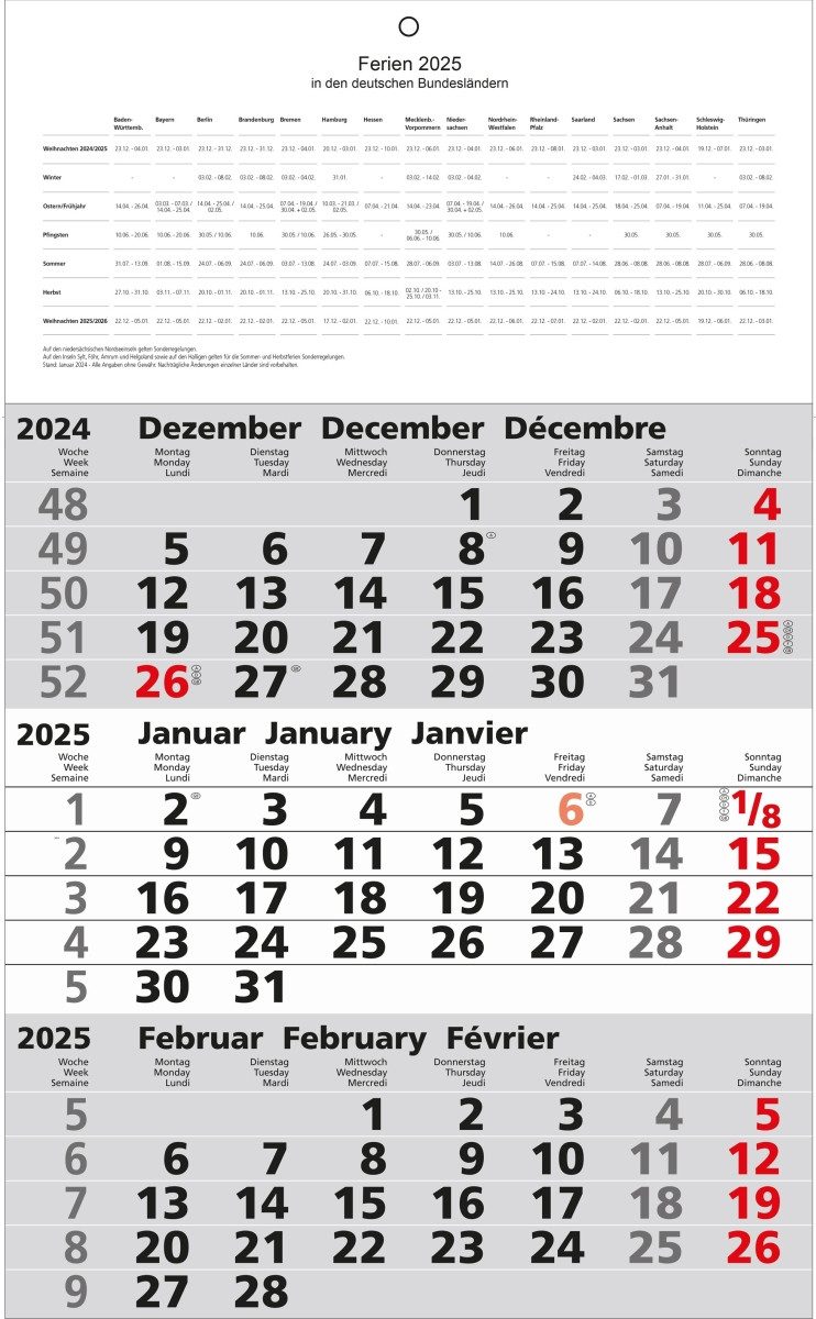 GÜSS Kalender Wandkalender 3-Monatskalender 30x52cm Kalendarium 2026