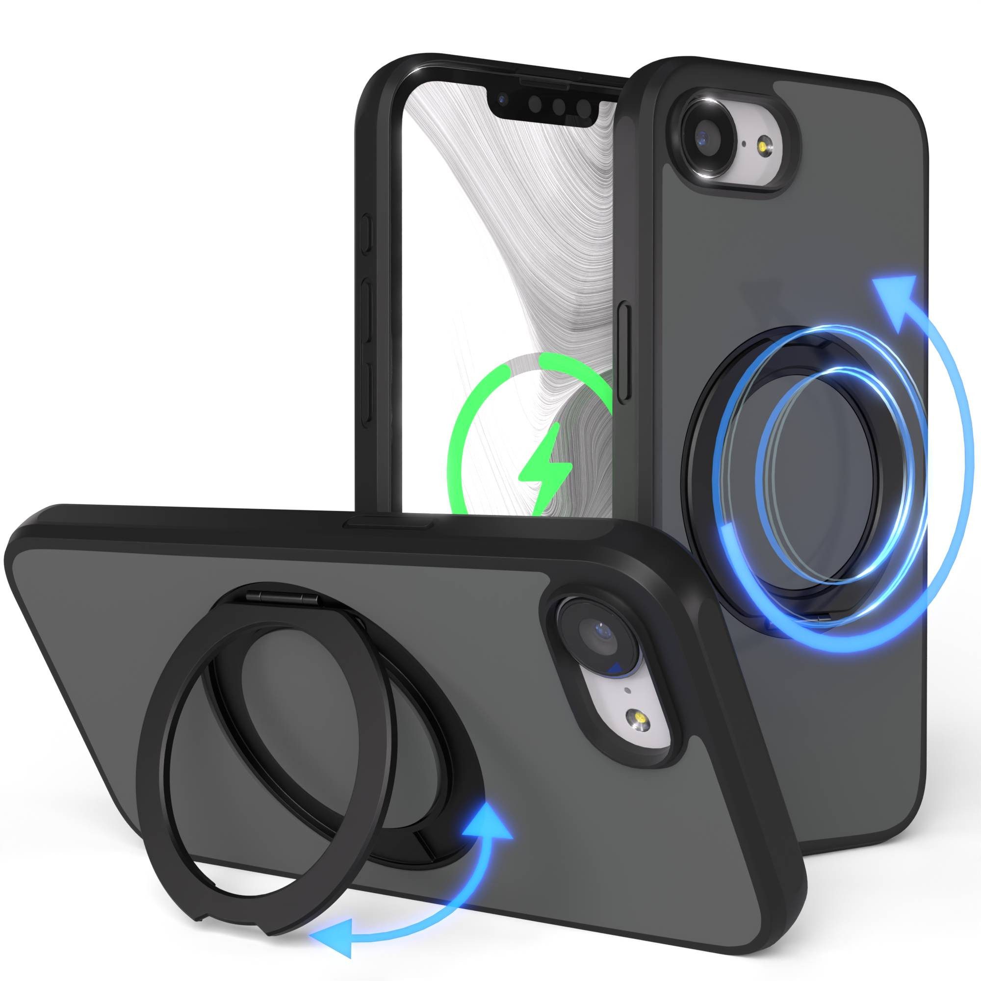 EAZY CASE Handyhülle Outdoor Apple iPhone 16e Case MagSafe Rotation Ring 6,1 Zoll, Outdoor Handy Hülle Bumper Schutzhülle Slim mit Kameraschutz Schwarz