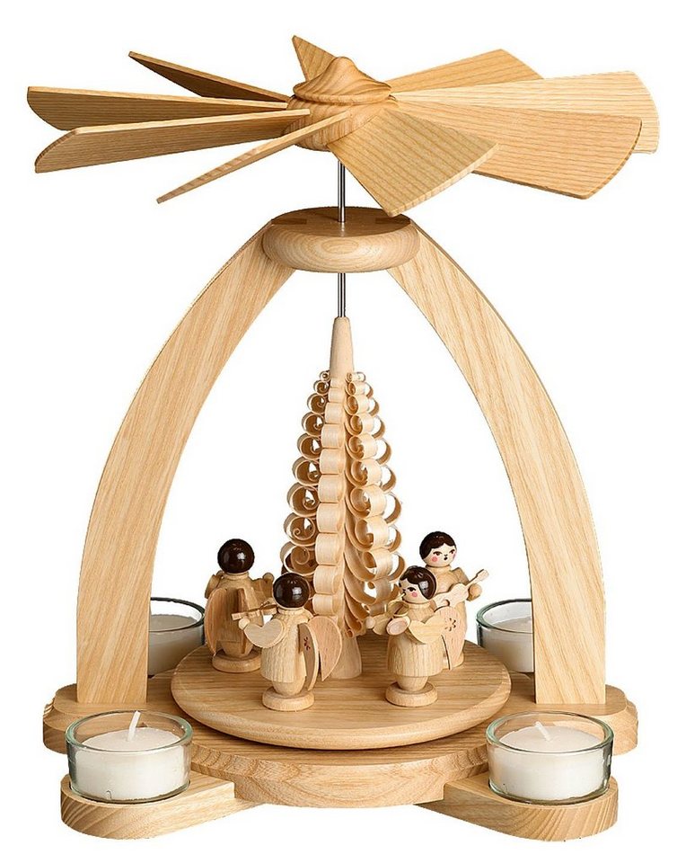 Volkskunstwerkstatt Unger Weihnachtspyramide Teelichtpyramide mit Engel  natur, Spanbaum