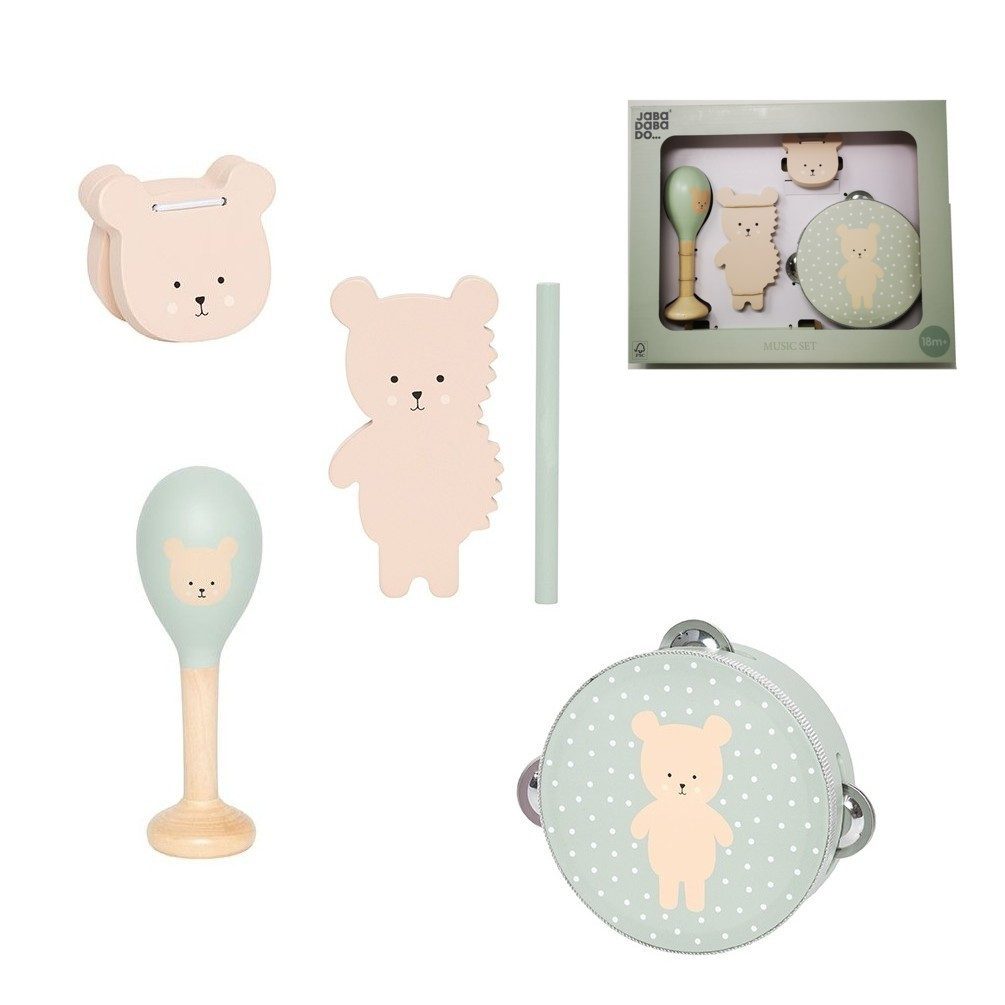 JaBaDaBaDo Spielzeug-Musikinstrument Musikset Teddy Grün Beige, mit Tamburin, Ratsche, Rassel und Kastagnette