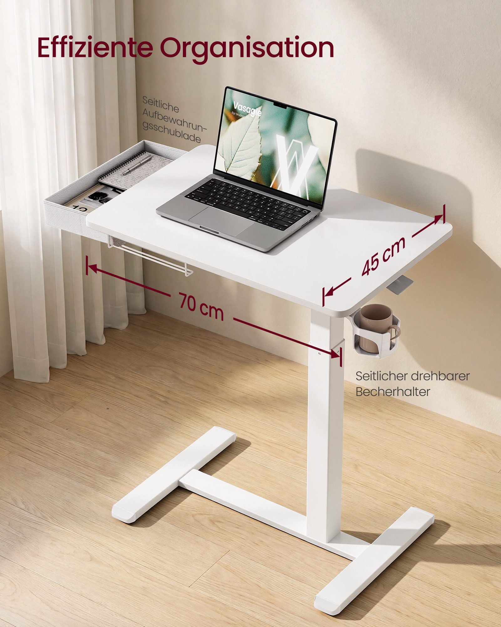 VASAGLE Schreibtisch Höhenverstellbarer Schreibtisch Laptoptisch mit Schublade und Rollen, 70 x 45 cm Für Schlafzimmer und Wohnzimmer mit Getränkehalter – Bild 5 von 5