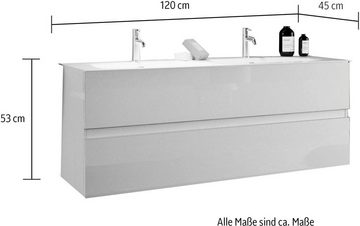 welltime Doppelwaschtisch Start, Breite 120 cm, 2 bzw. 3 Schubkästen, Badmöbel, Soft-Close, Keramik-Einsatzbecken, Weiß Hochglanz Lack